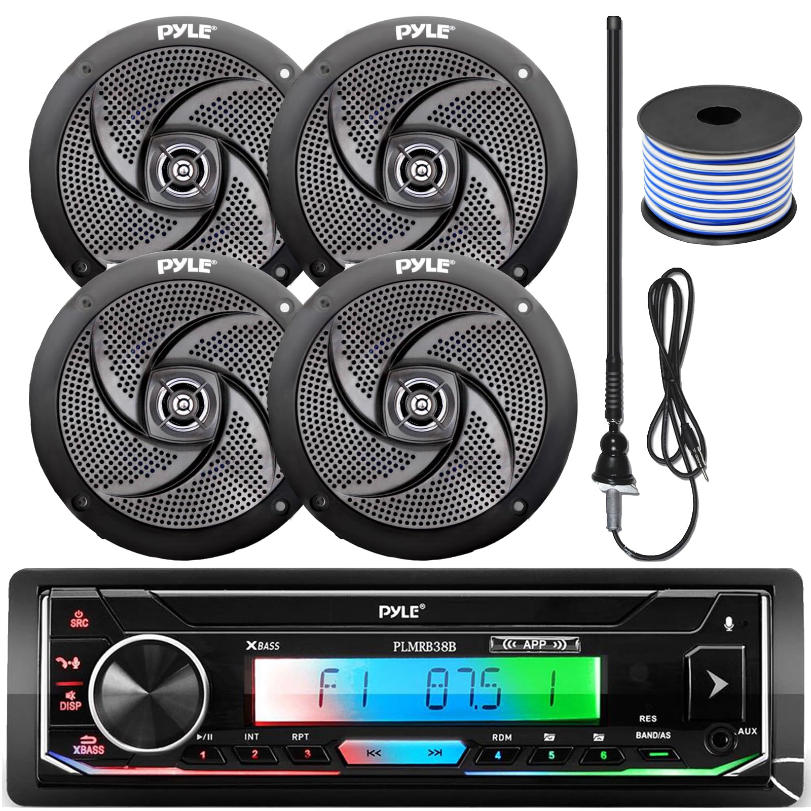 Pyle 16-25' Bay Boat Single DIN Bluetooth Marine Stereo Receiver Bundle Combo with 4X 5.25'' 180 Watt Black Waterproof Boat Speakers, 18 Gauge 50 Feet
