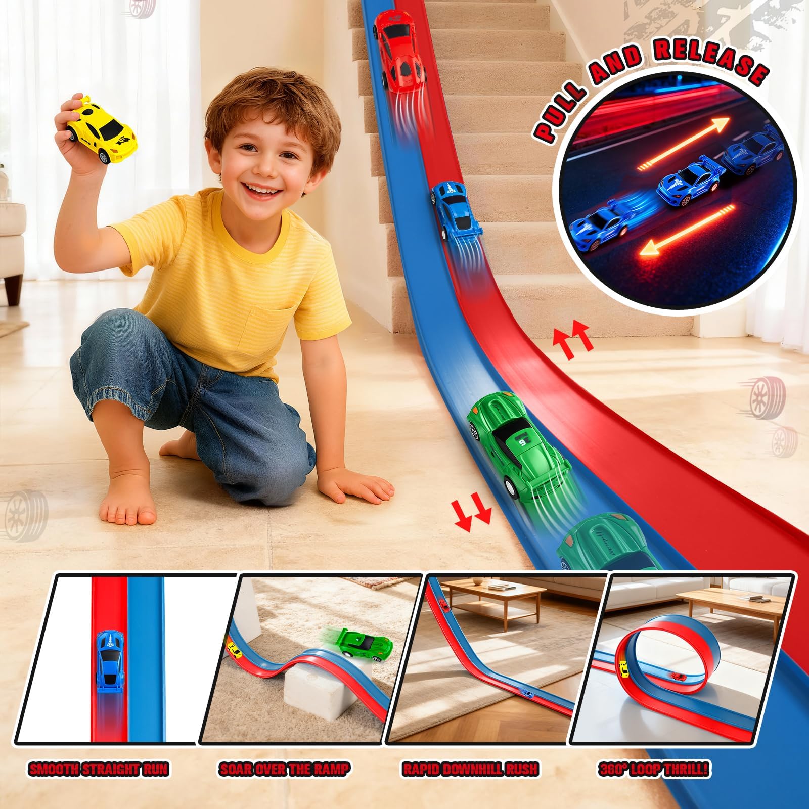 Pista Macchinine Arrotolabile 6M per Bambini 3 4 5 6 7 Anni, Giocattolo Circuito di Corse Flessibile e Portatile con 4 Auto, Compleanno Natale Regalo per Ragazzi e Ragazze, Blu e Rosso