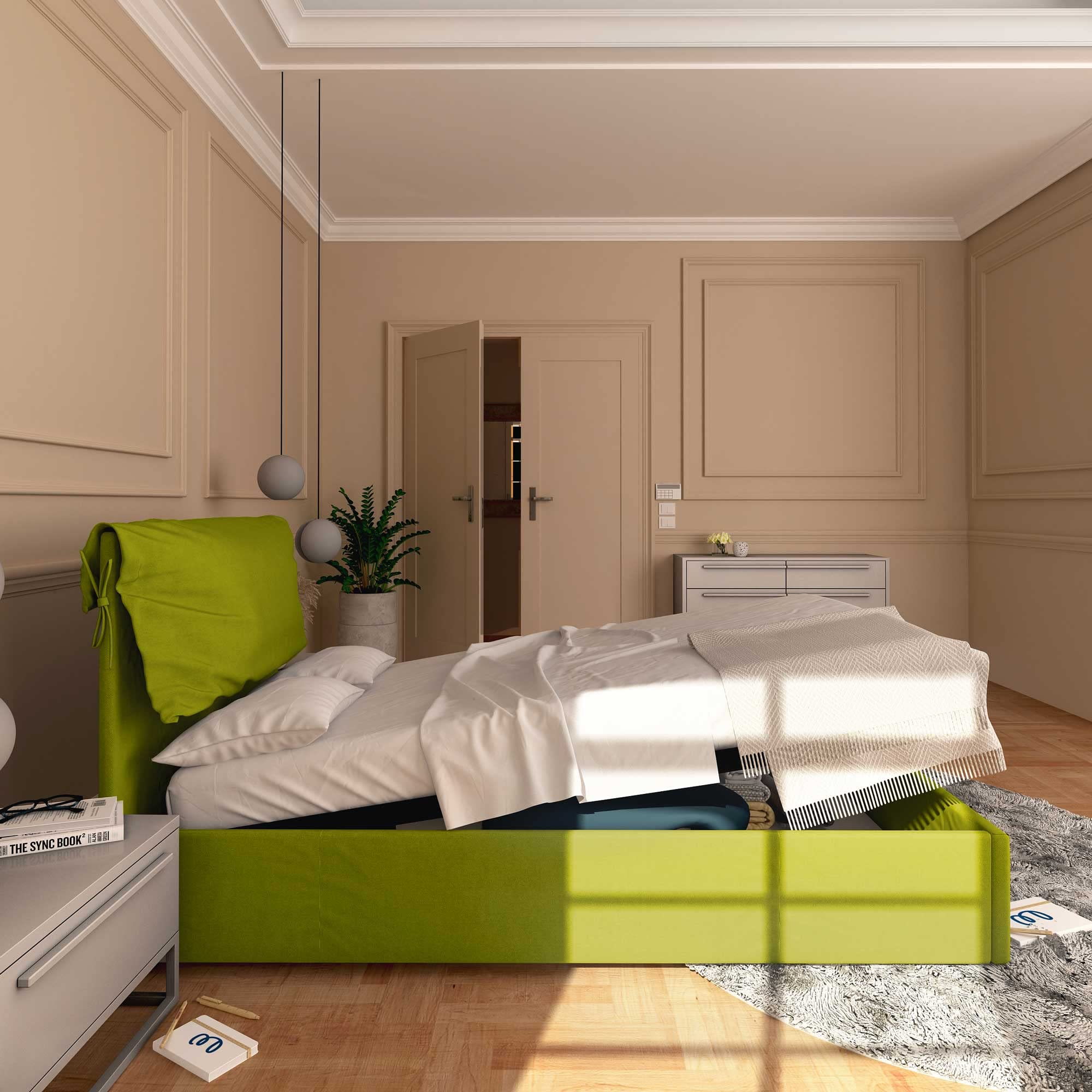 Baldiflex Licia Soft - Cama De Cuerpo Y Medio Con Almacenamiento, De Tela, Somier De Láminas, Para Colchones Individuales De 120 X 190 Cm, Cabecero Bien Acolchado, Color Mostaza