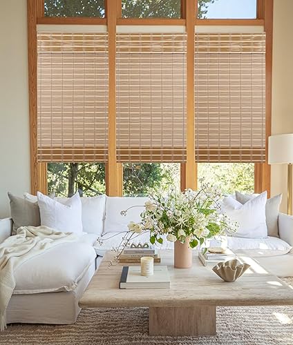 Miniatura 10 de TJ Global Persiana romana sin cordón de bambú para ventana, filtro de luz (24 x 64 pulgadas)