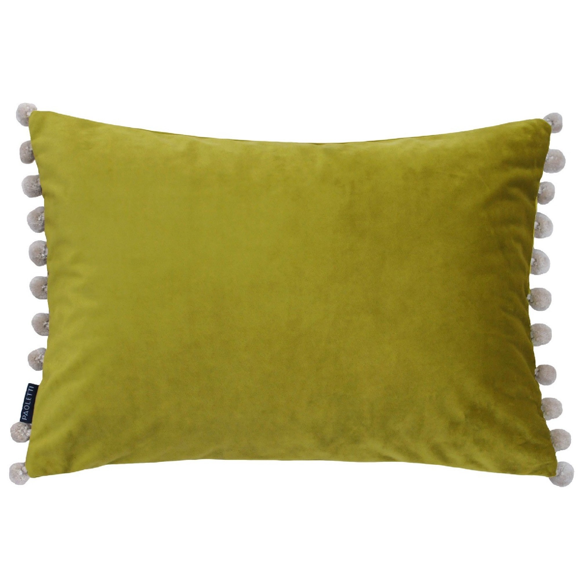 Paoletti Fiesta Rectangular Cushion Cover – Faux Velvet with Pompom Edges (Bamboo/Natural – 35 x 50cm)