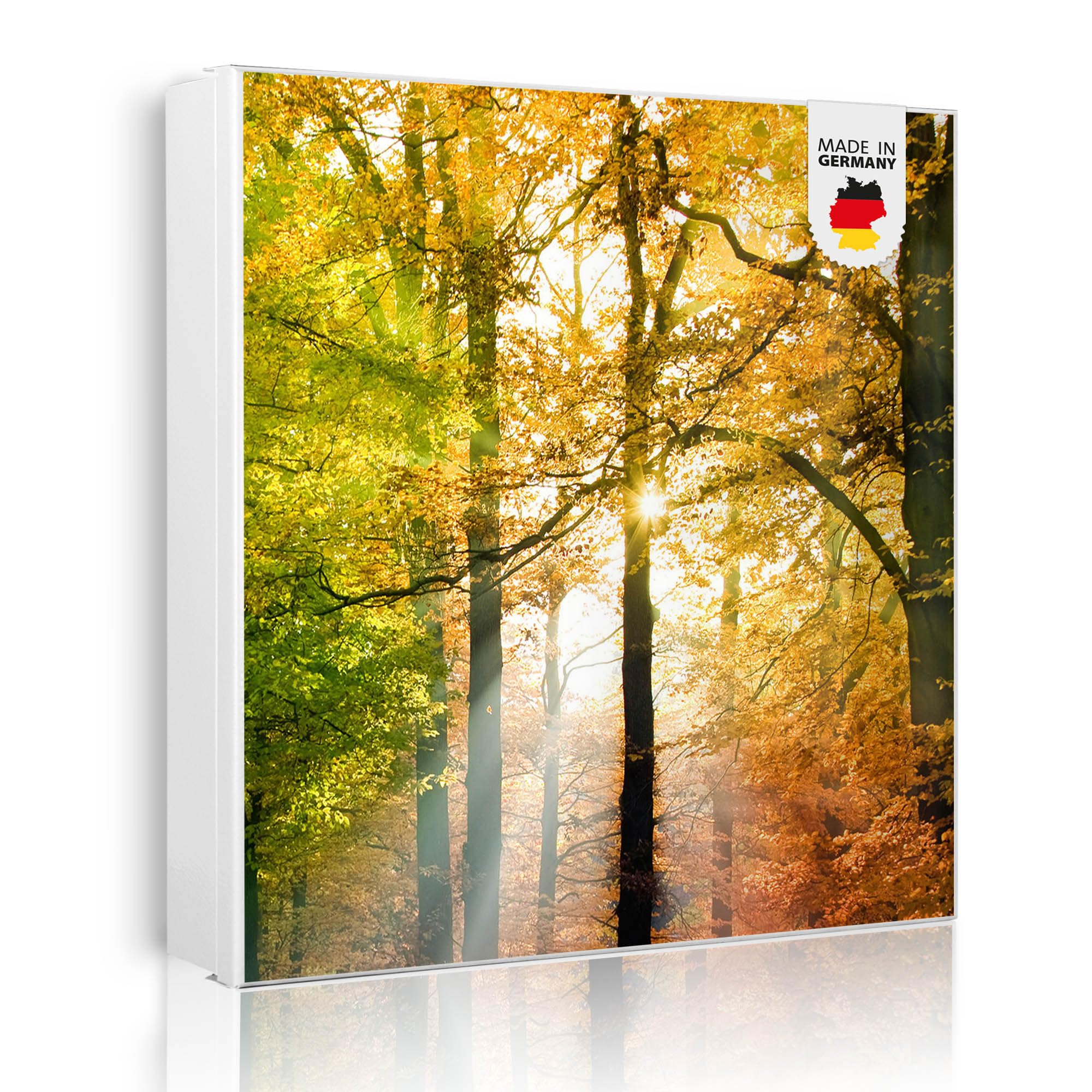 banjado Großer Schlüsselkasten Metall - Schlüsselbox 30x30cm beschreibbarer mit 32 Haken - Schlüsselkasten modern für Schlüsselaufbewahrung - Korpus Weiß Scharnier Rechts - Motiv Herbstwald