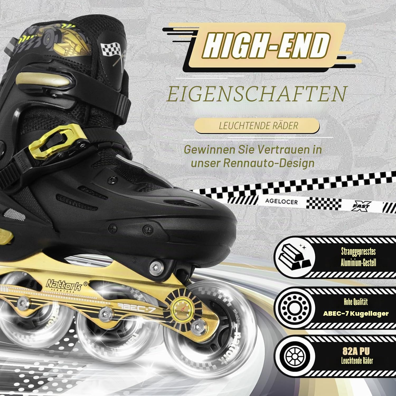 Nattork Inline Skates für Kinder und Erwachsene, 4 Größen Verstellbar Kinder Inliner, Renndesign Inline Skates für Damen Herren