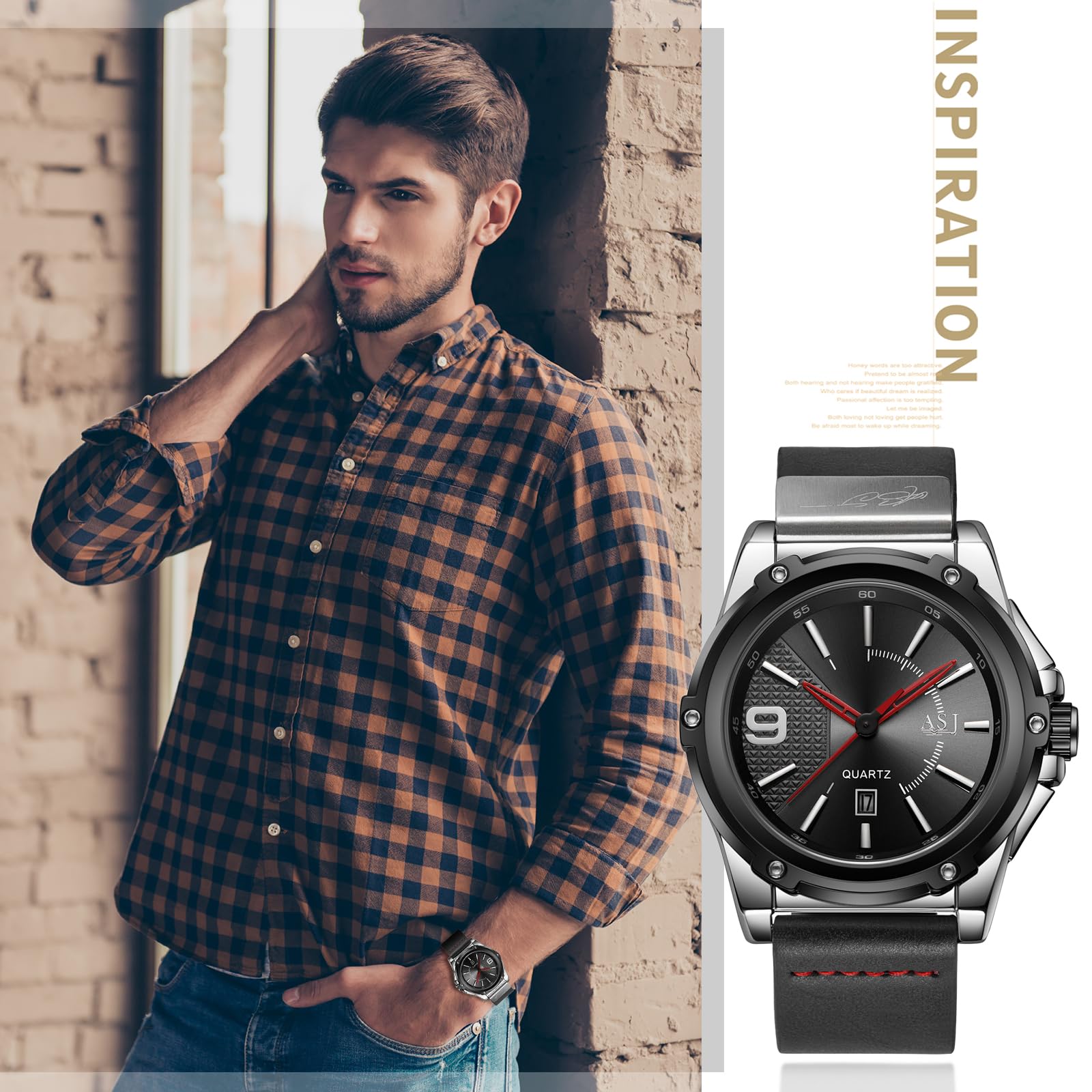 JewelryWe Męski zegarek kwarcowy, analogowy zegarek na rękę, 30 m, wodoszczelny, skórzany pasek z kalendarzem i świecącymi wskazówkami, prezent dla mężczyzn i chłopców, Typ 2-2 szt. (czarny+niebieski