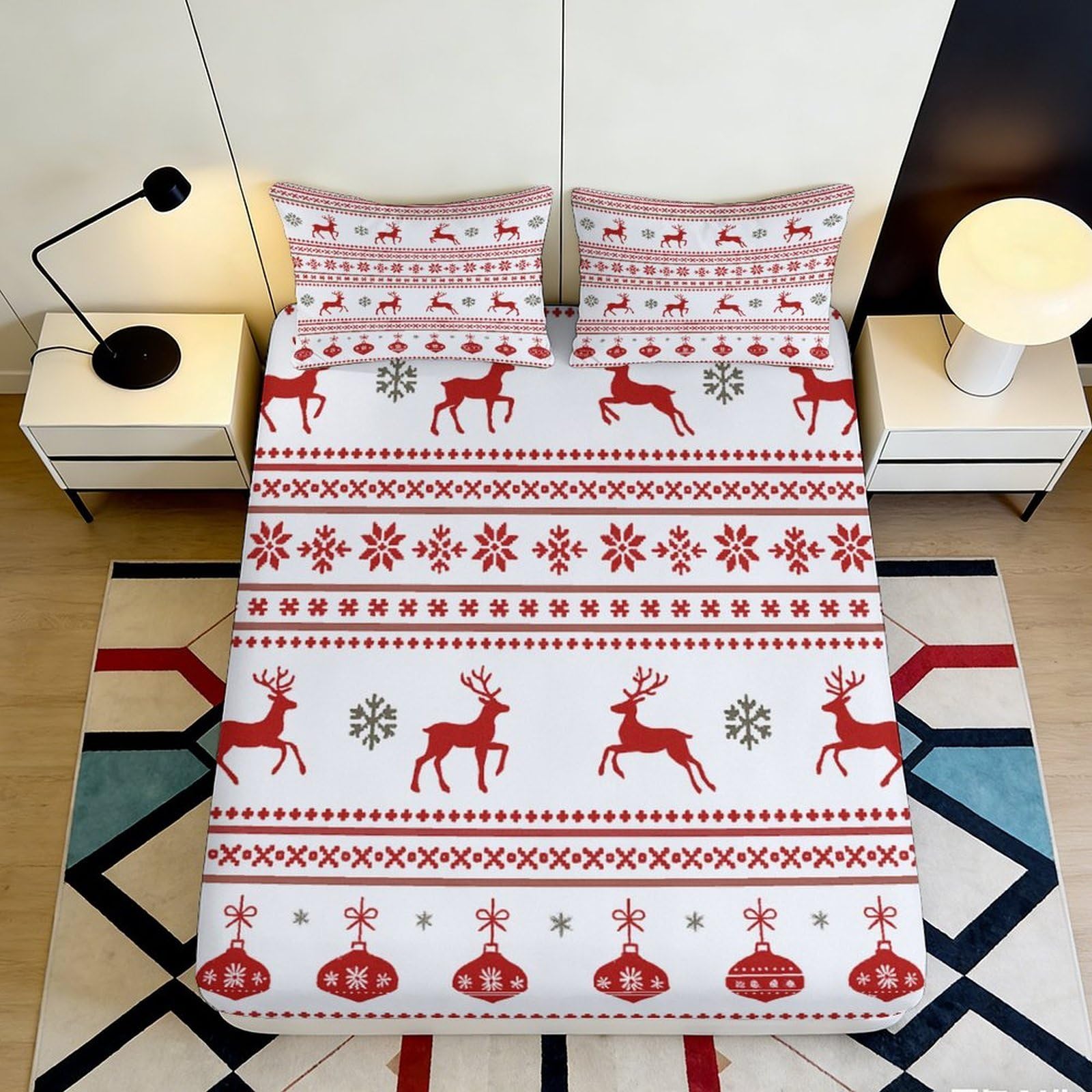 3D Printed Red Reindeer Snowflake Fitted Sheet Microfiber Soft Breathable Nordic Christmas Bed Cover for Bedroom Guest Room Decor 200x200x25cm