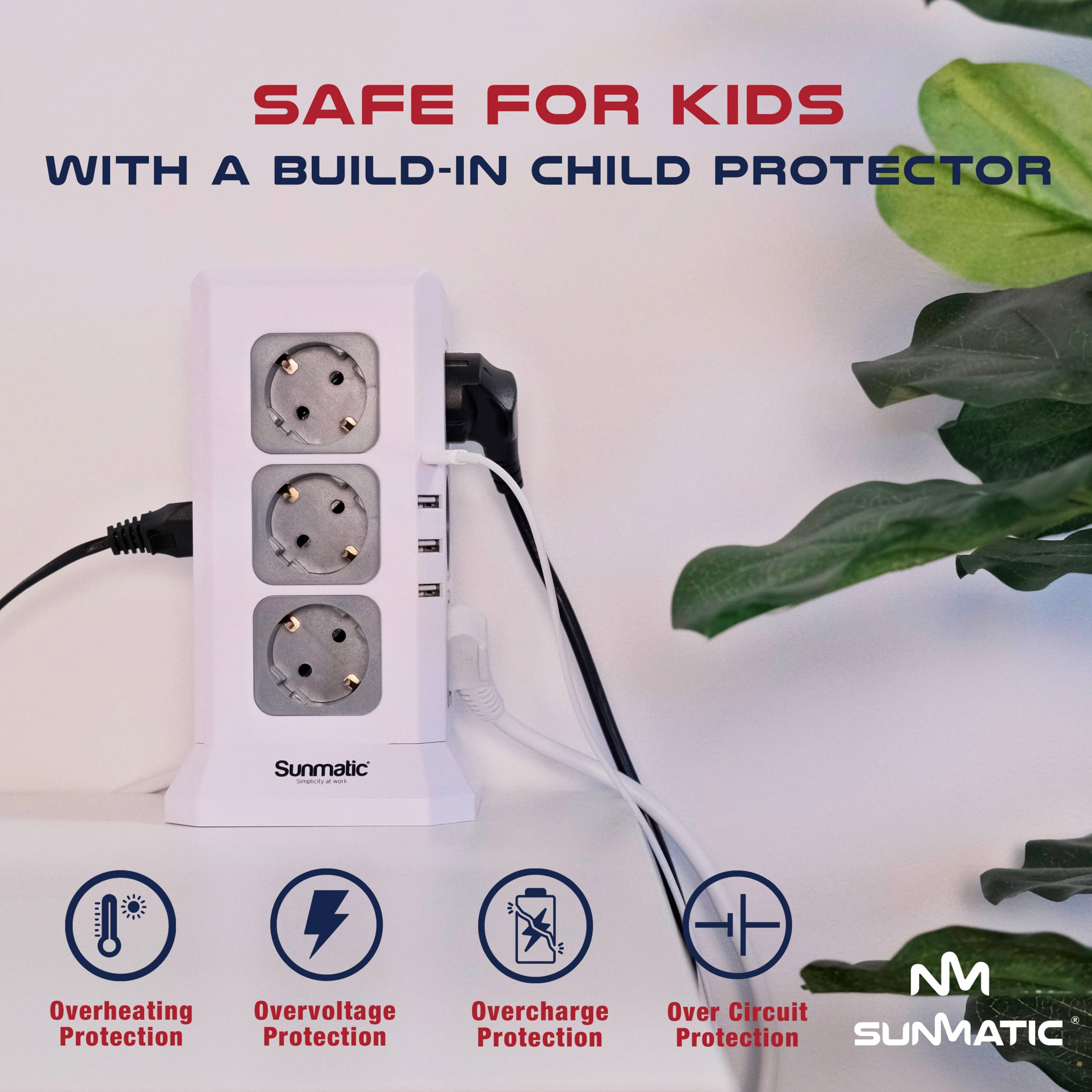 SUNMATIC Mehrfachsteckdose 12 EU, Überspannungsschutz, 3 USB-A, 1 USB-C, Schalter, Verlängerungskabel 2m, 3680W, Kindersicherung, Feuerfest, Schuko, für Büro & Homeoffice