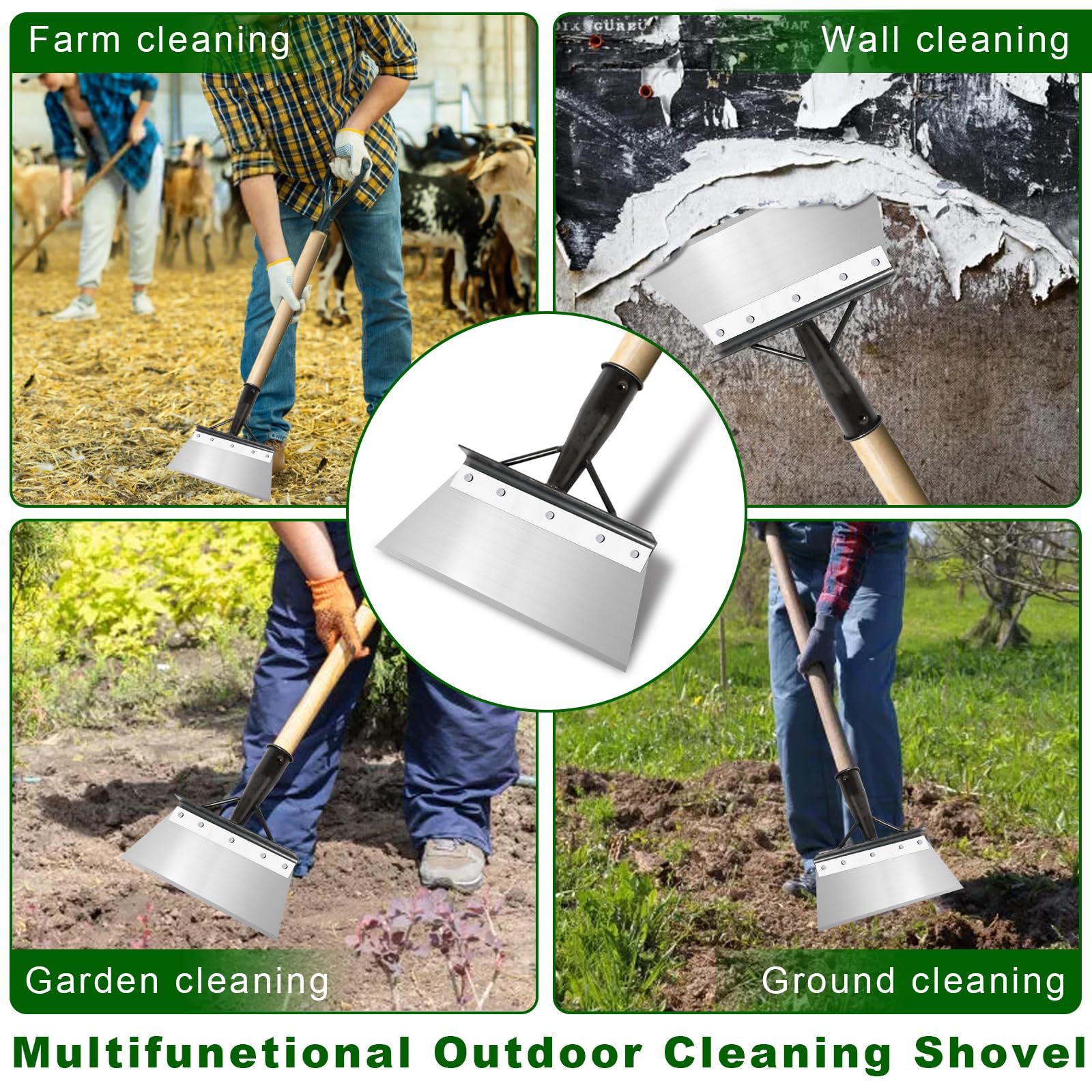 HOSSOM Pala di Pulizia Multifunzionale, Pala da Giardino, Pala per la Pulizia Del Giardino, Pala Piatta in Acciaio, per Rimuovere le Erbacce, Spalare la Neve (manico in legno non incluso)25cm