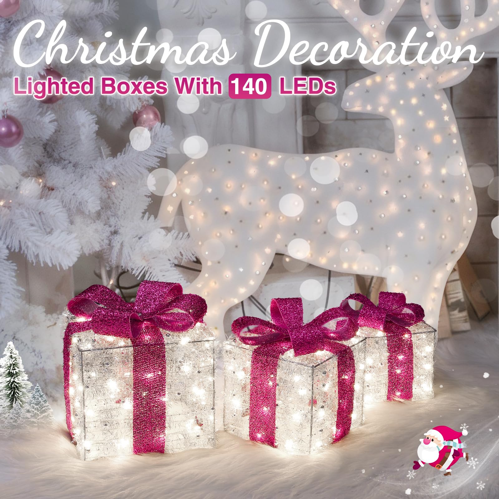 Quntis Cadeau Lumineux Noël 140 LEDs, 3Pcs Boîtes cadeaux Lumineuses avec Nœuds Rose, Coffret Cadeau Décoration Noël avec Guirlande Lumineuse Blanc Chaud, Déco Noël Intérieur pour Maison Arbre de Noël