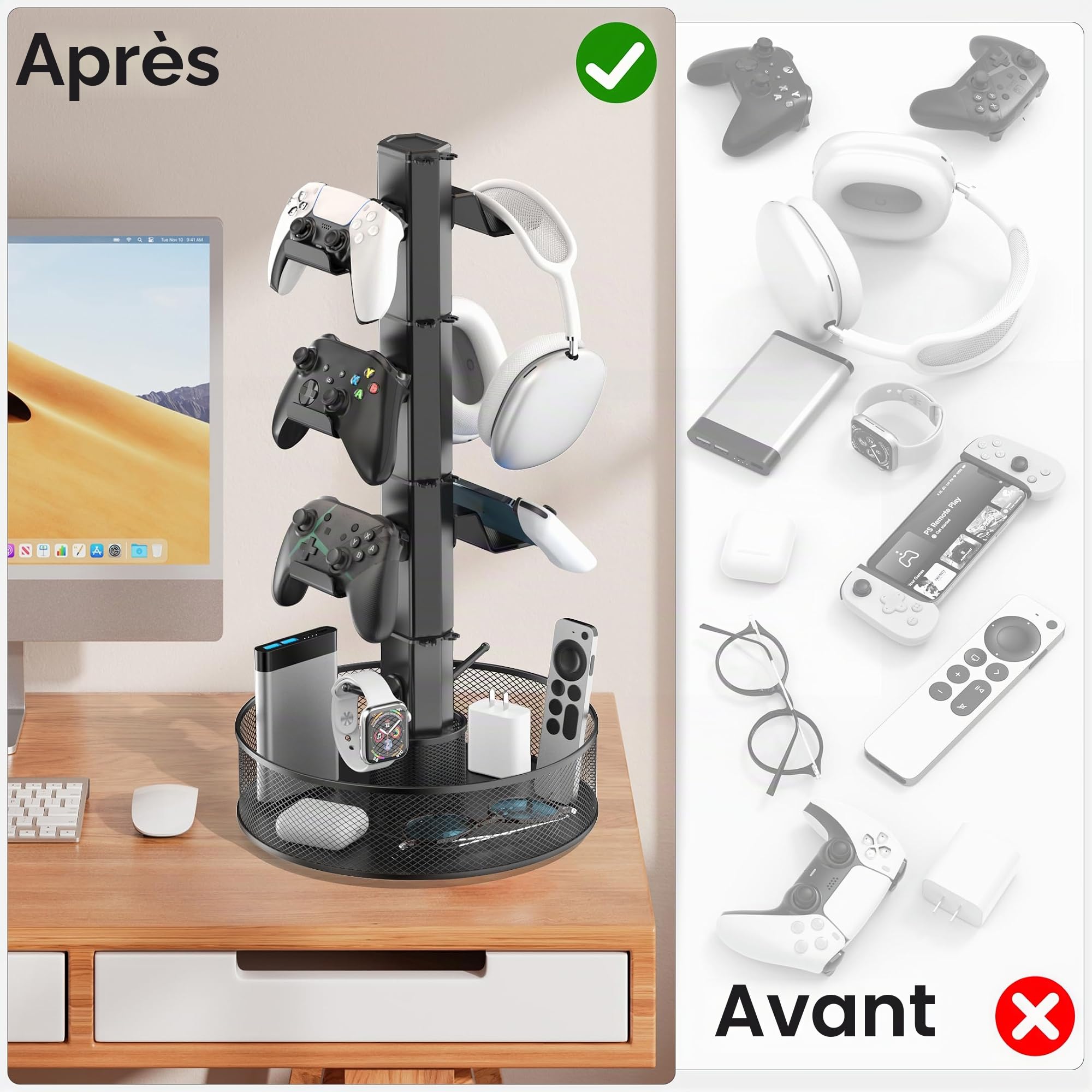 Kosker Support de Manette de Jeu Rotatif Avec Panier pour Bureau, Support Universel pour Casque et Manette pour Accessoires PS5/PS4/Xbox/Switch/PC, Organisateur pour Casque et Câbles, Noir