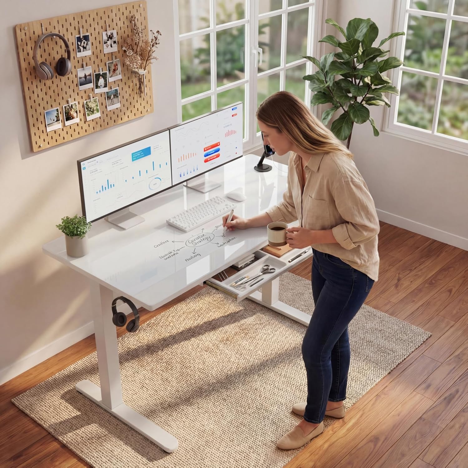 Furmax Glass Standing Desk with Drawers, Electric Adjustable Home Office Sit Stand Desk with One-Piece Desktop & USB Charging Port for Computer Desks