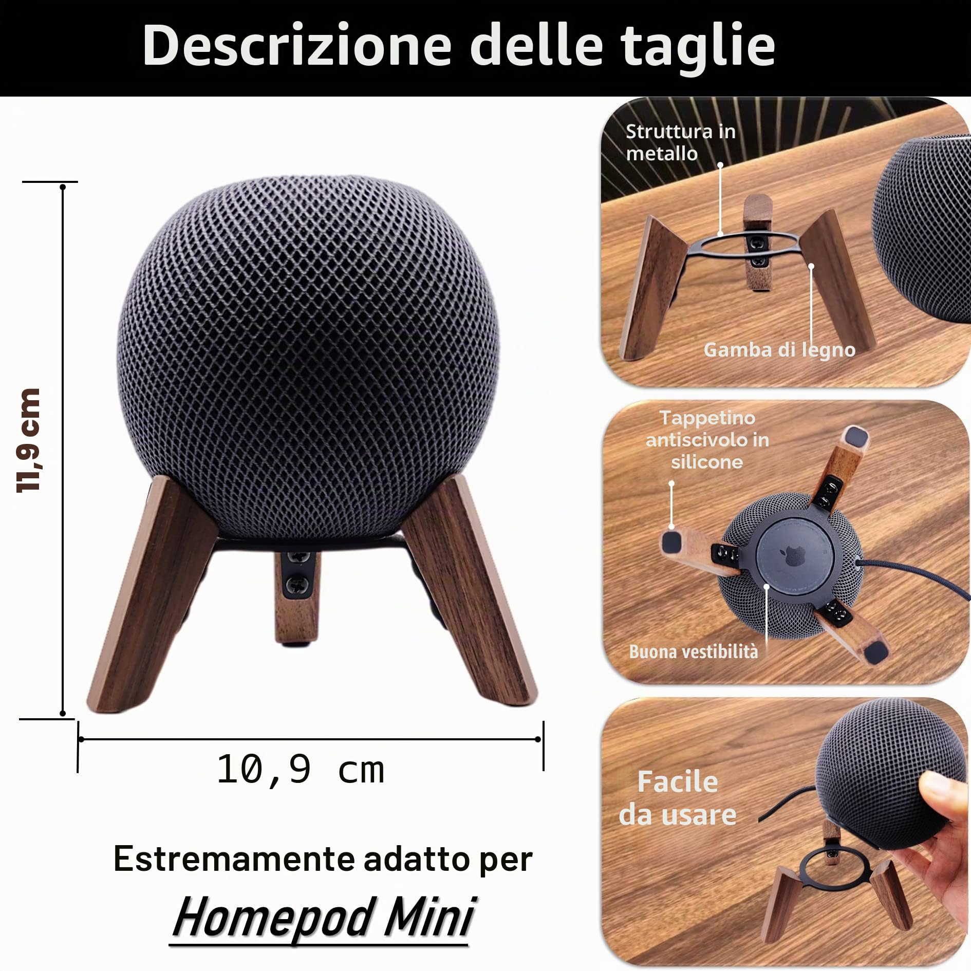 Supporto in vero legno per Homepod Mini (2020 rilasciato), treppiede in legno con telaio in metallo, supporto stabile sicuro con cuscinetto in silicone antiscivolo protegge bene il mini altoparlante