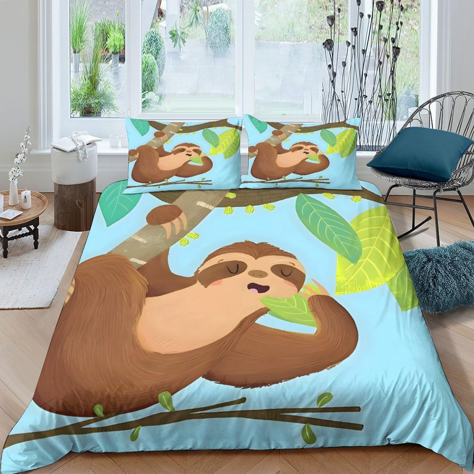 Ctjqhvkz Style-10 3D Printed Sloth Tree Fitted Sheet Microfiber Soft Anti-Slip Cartoon Leaf Mattress Cover For Bedroom Guest Room Dorm Decor Single（135X200cm）