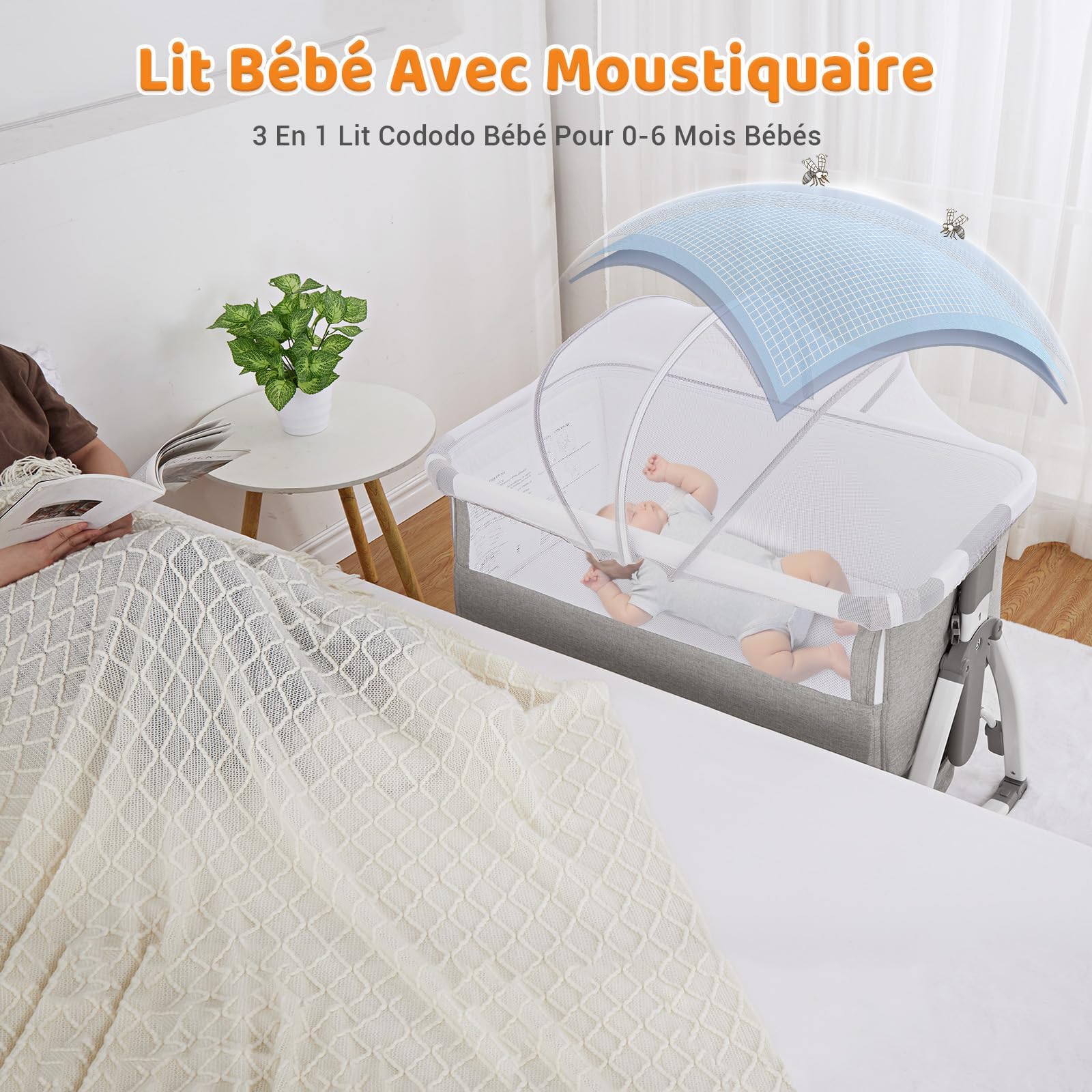 GarveeHome 3 in 1 Baby Beistellbett, Klappbares Beistellbett, Babywiege Mit Matratze Und Moskitonetz, Höhenverstellbar, Mit Reisetasche, Für Babys Von 0 Bis 36 Monaten, Hellgrau
