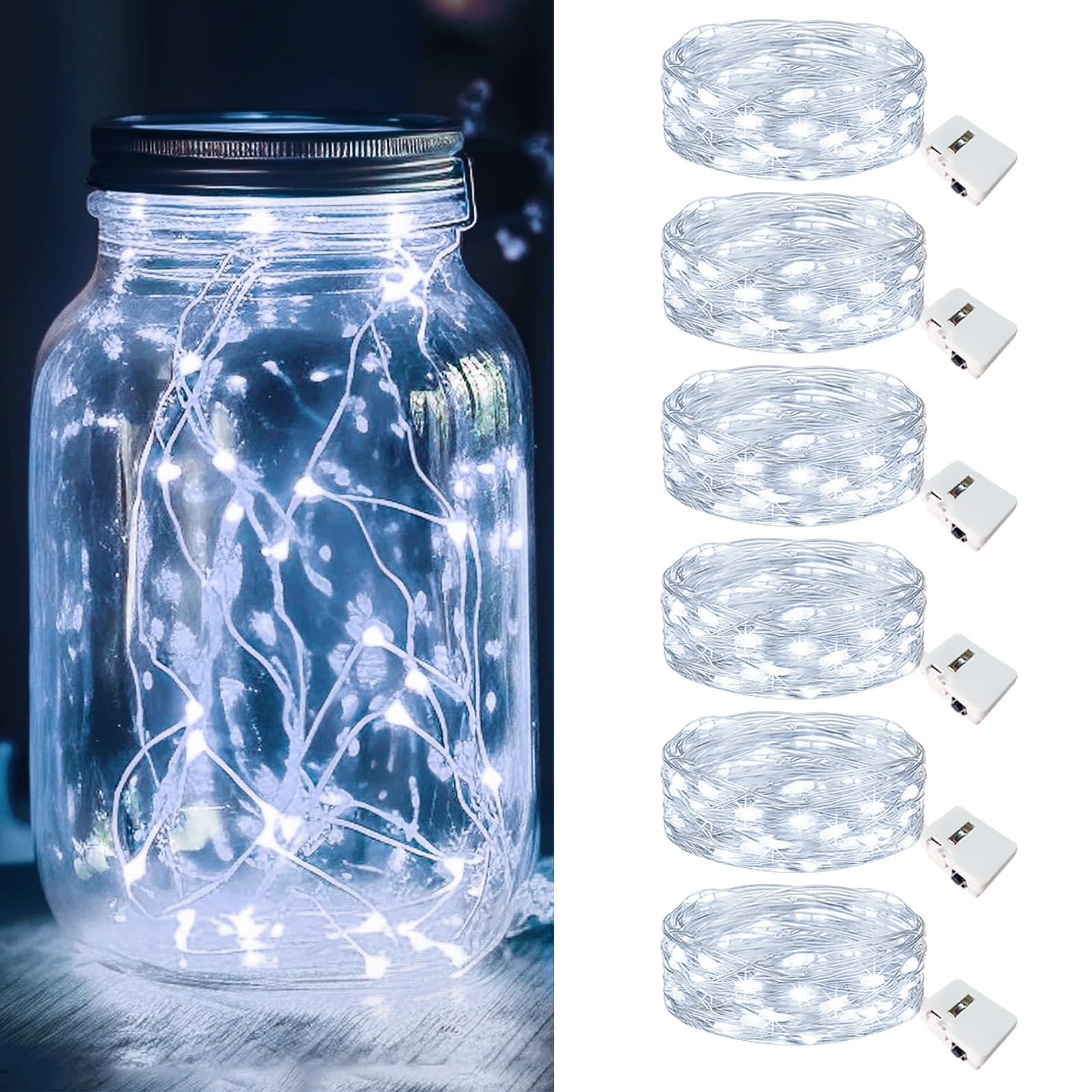 kolpop 6 Pack LED Fairy Lights Battery Operated, Mini Twinkle String Lights Battery Powered Waterproof for Christmas Mason Jars Party,Cool White
