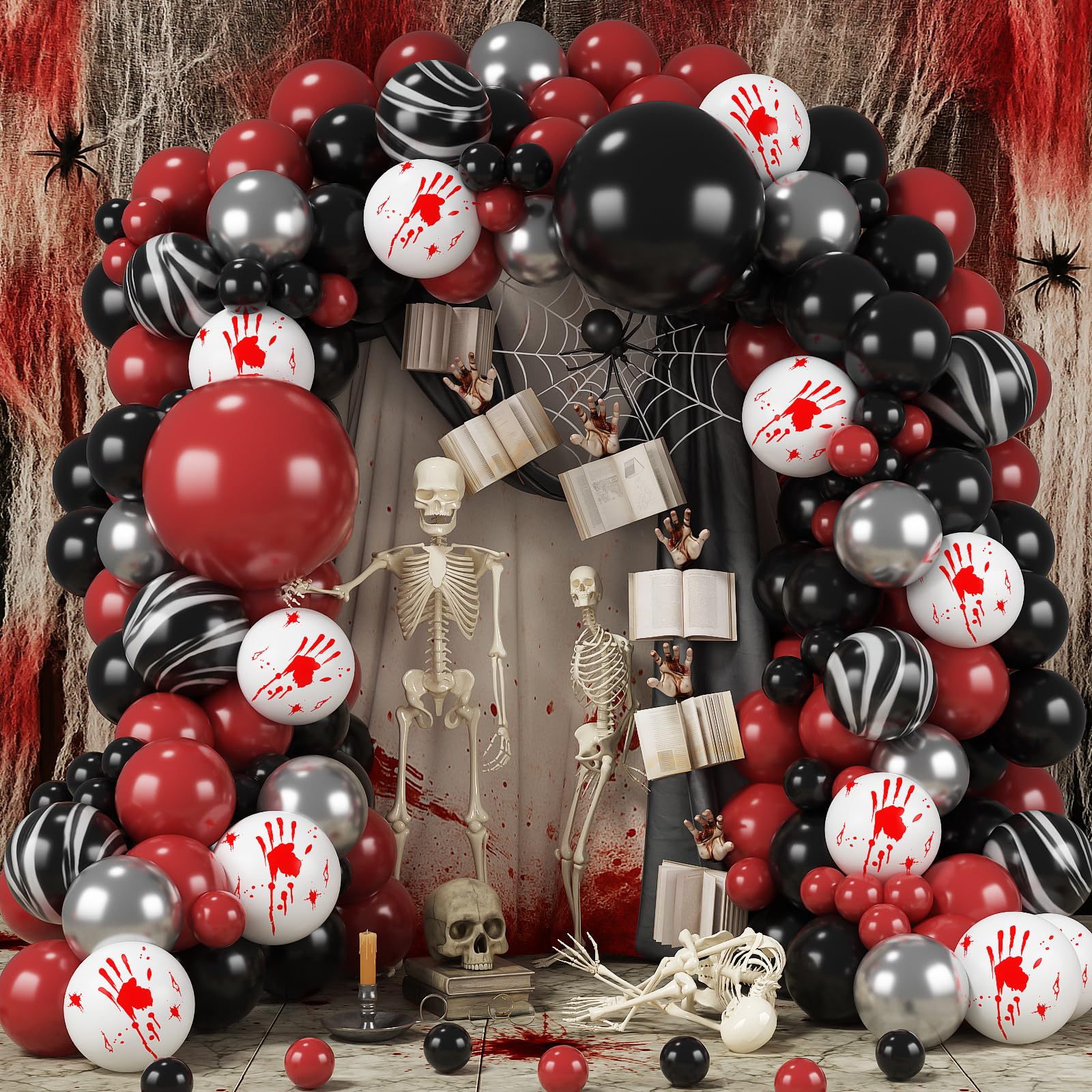 Zestaw łuku balonowego na Halloween, krwawe balony, girlanda, czarno-czerwony balon z horrorem, marmurowe, lateksowe balony na straszną straszną morderczą noc, duch, upiorny wampir, urodziny