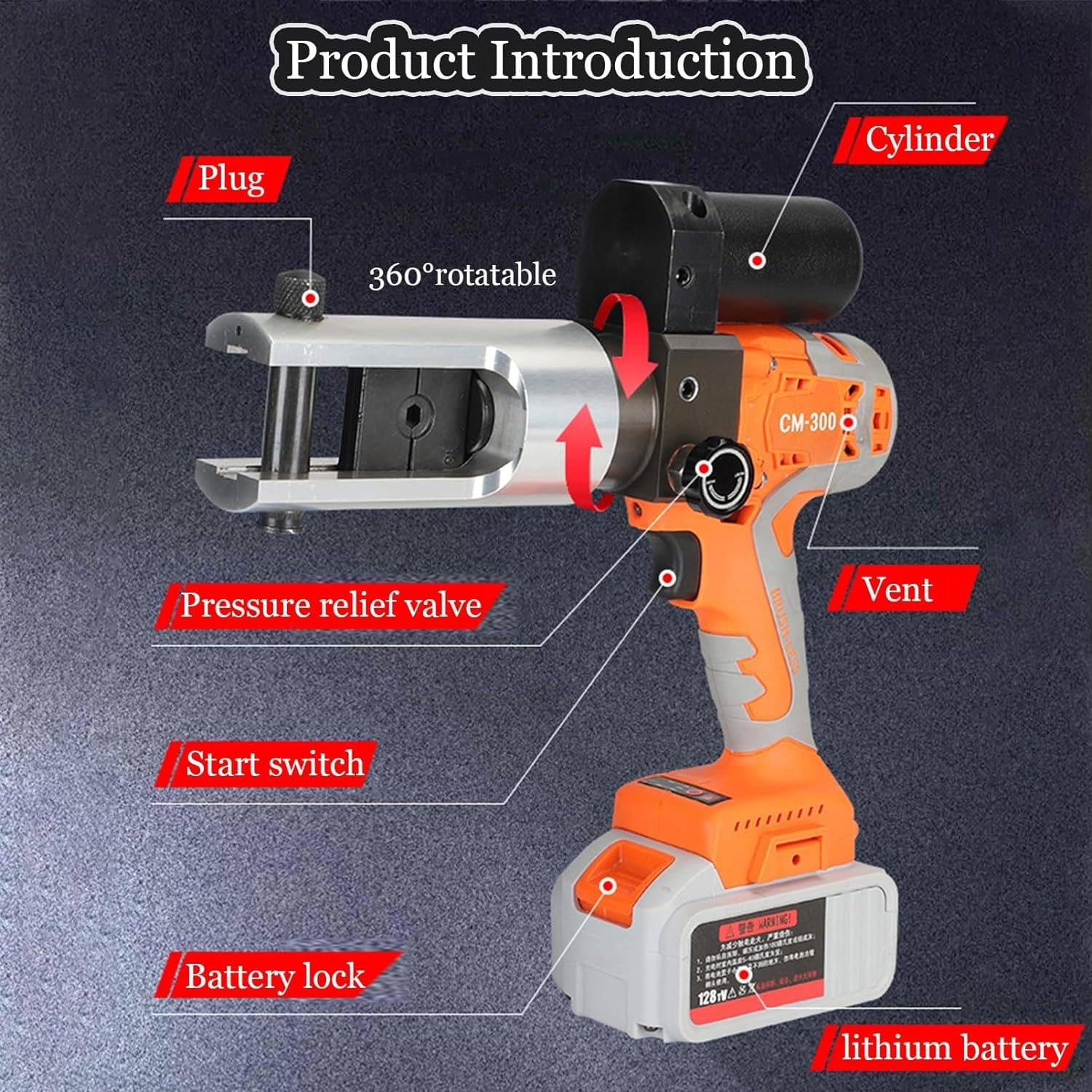 Pinza a crimpare idraulica a Batteria, Pinza per capicorda per carichi Pesanti, Kit di Utensili per Cavi di Collegamento Elettrico, Gamma 16-300 mm²