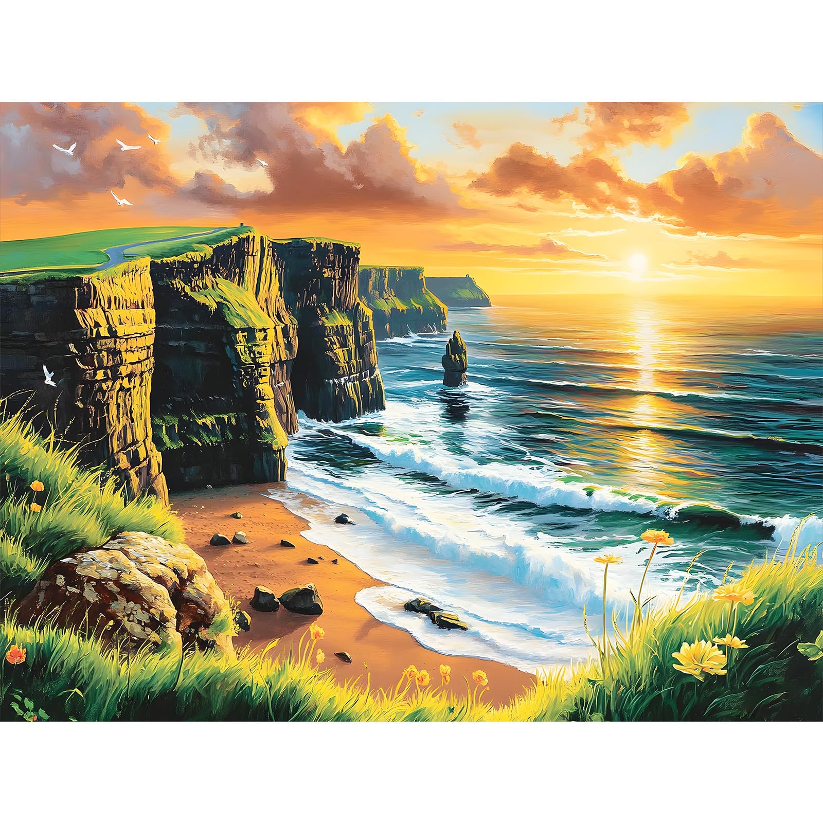 KEYIFA Paint by Numbers for Adults, Cliffside Beach Painting by Number Canvas Kits with Acrylic Paint Brushes, DIY Craft Oil Painting Art Kits for Adults, Home Wall Decor