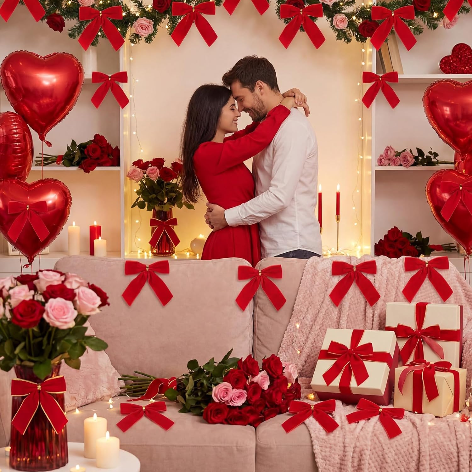 Jexine 48 Pcs Valentine's Day Red Velvet Bows Decor Small Red Twist Tie Bows for Valentines Wreath Tree 3" x 3.5" Ribbon Bow Tie Wreath Ornaments for Gift Wrappings Wedding Engagement Front Door Decor - Image 6