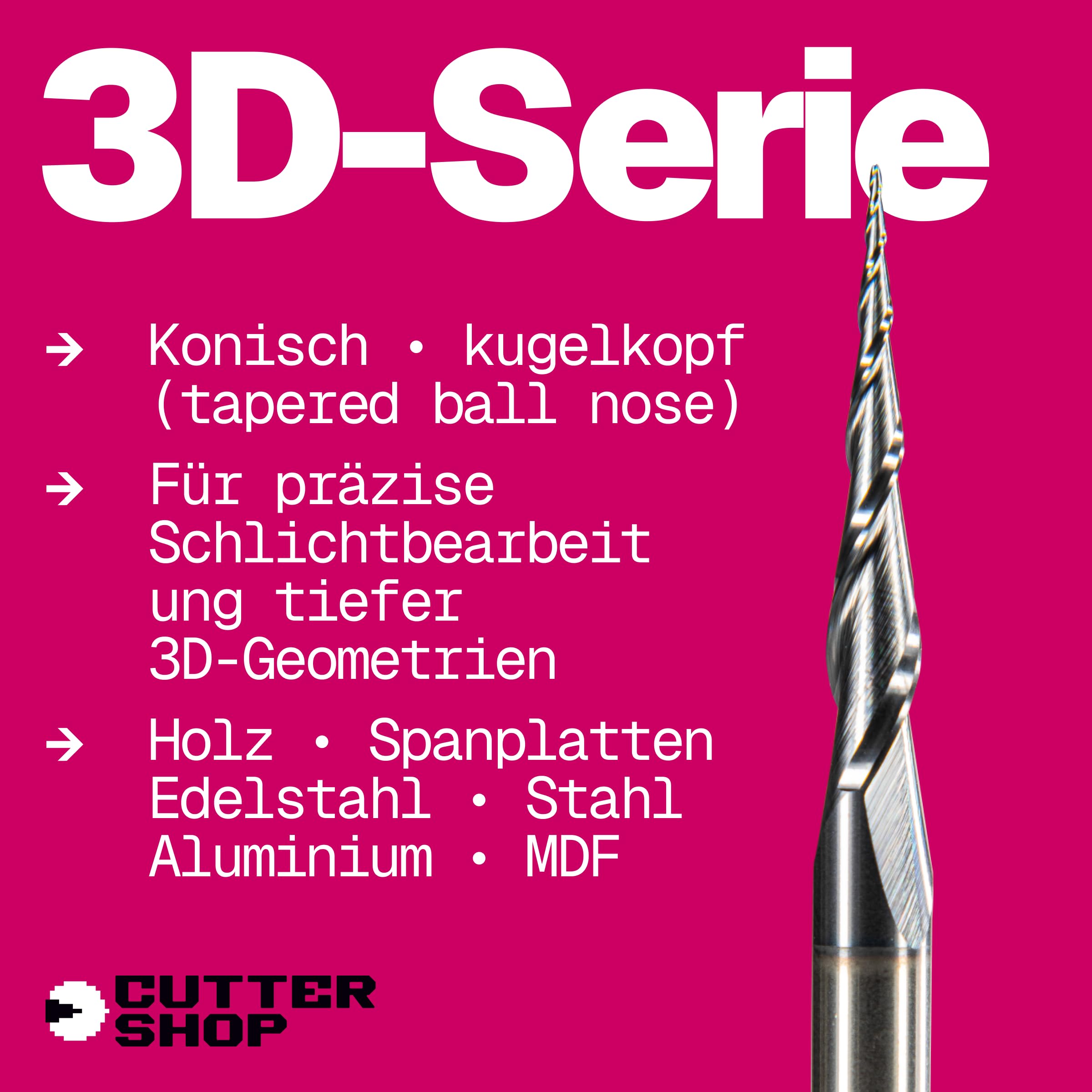 CNC frez kulisty stożkowy 3D (Ball Nose) – dwuostrzowy, Up-Cut, do drewna, tworzyw i metalu | Seria 3D – R2.0xD10.0xL50/140