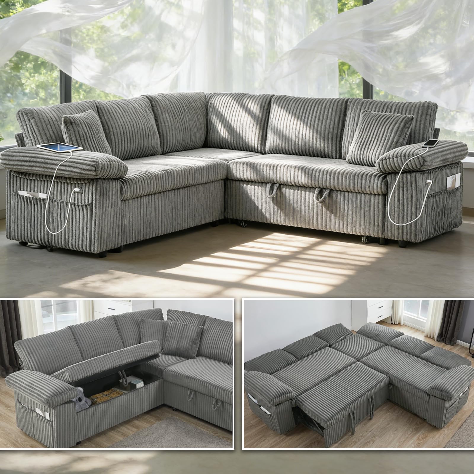 Dreamzie 81" Modular Sectional Sofa with Pull Out Bed, Adjustable Backrest L Shaped Couch with Storage, 5 Seater Sectional Couches for Living Room,