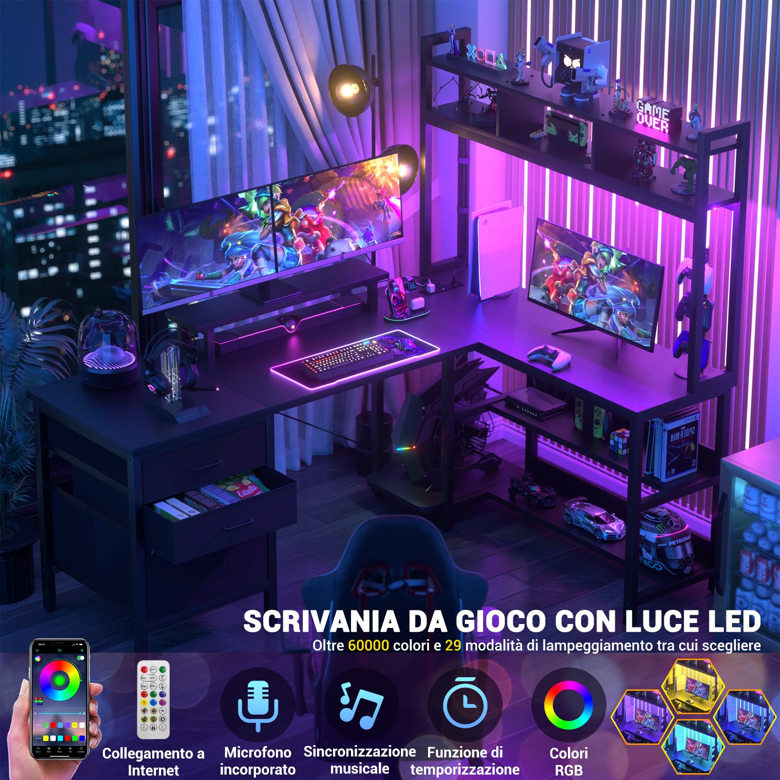iSunirm Scrivania portaoggetti, scrivania da gioco con luci a LED, scrivania per computer reversibile con presa di corrente, Nero