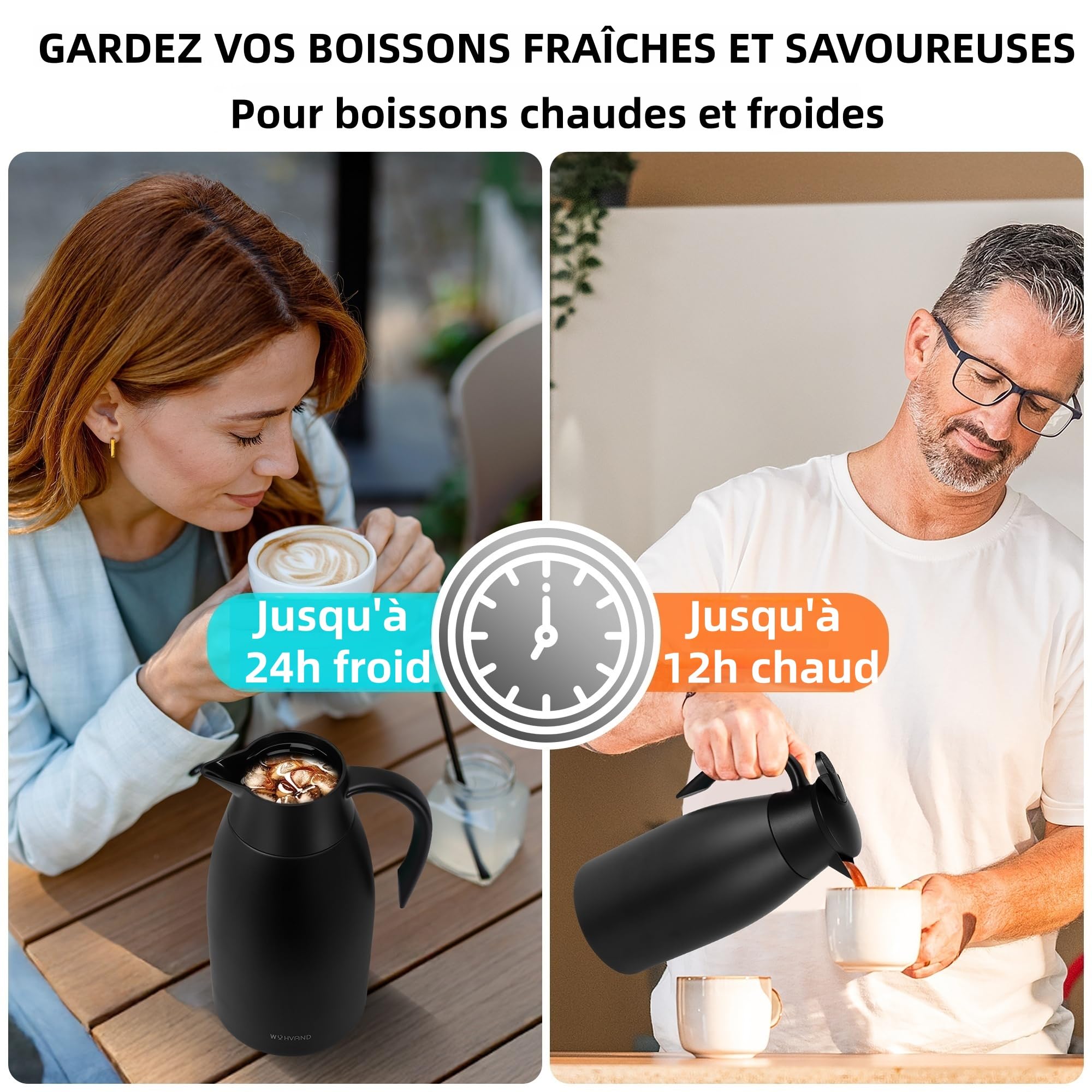 Carafe Isotherme 2L, Pichet à Café en Acier Inoxydable 304, Garde le Chaud et le Froid, Étanche, Versement à Une Main, Maison, Bureau et Hôtel, Noir