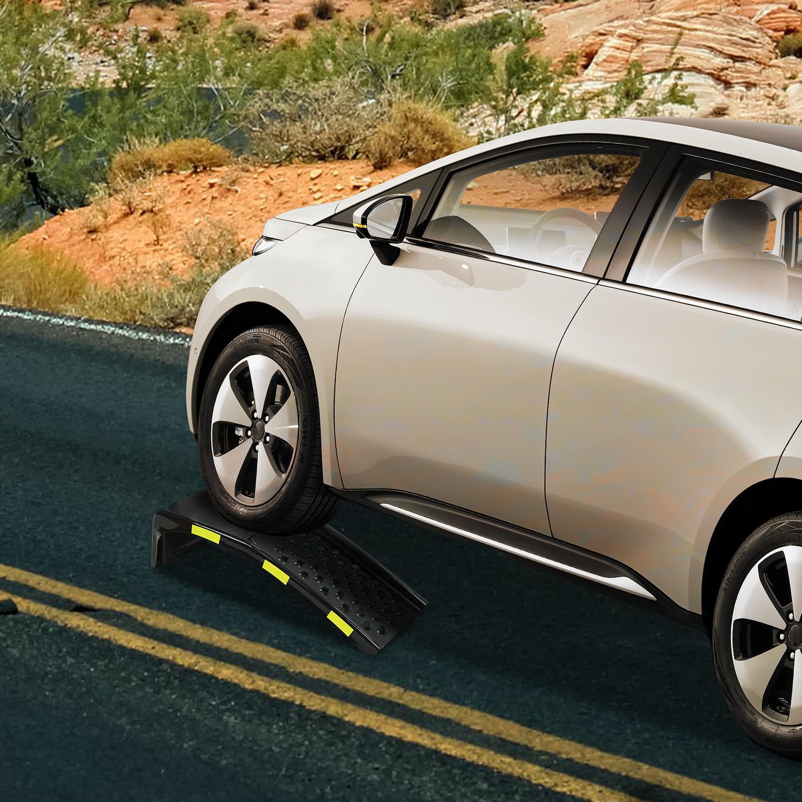 Garvee Rampas para Coches de Acero al Carbono de 3,6 Toneladas, Elevador de Vehículos con Tiras Reflectantes de Seguridad, Superficie Antideslizante para Mantenimiento y Cambio de Aceite, Negro