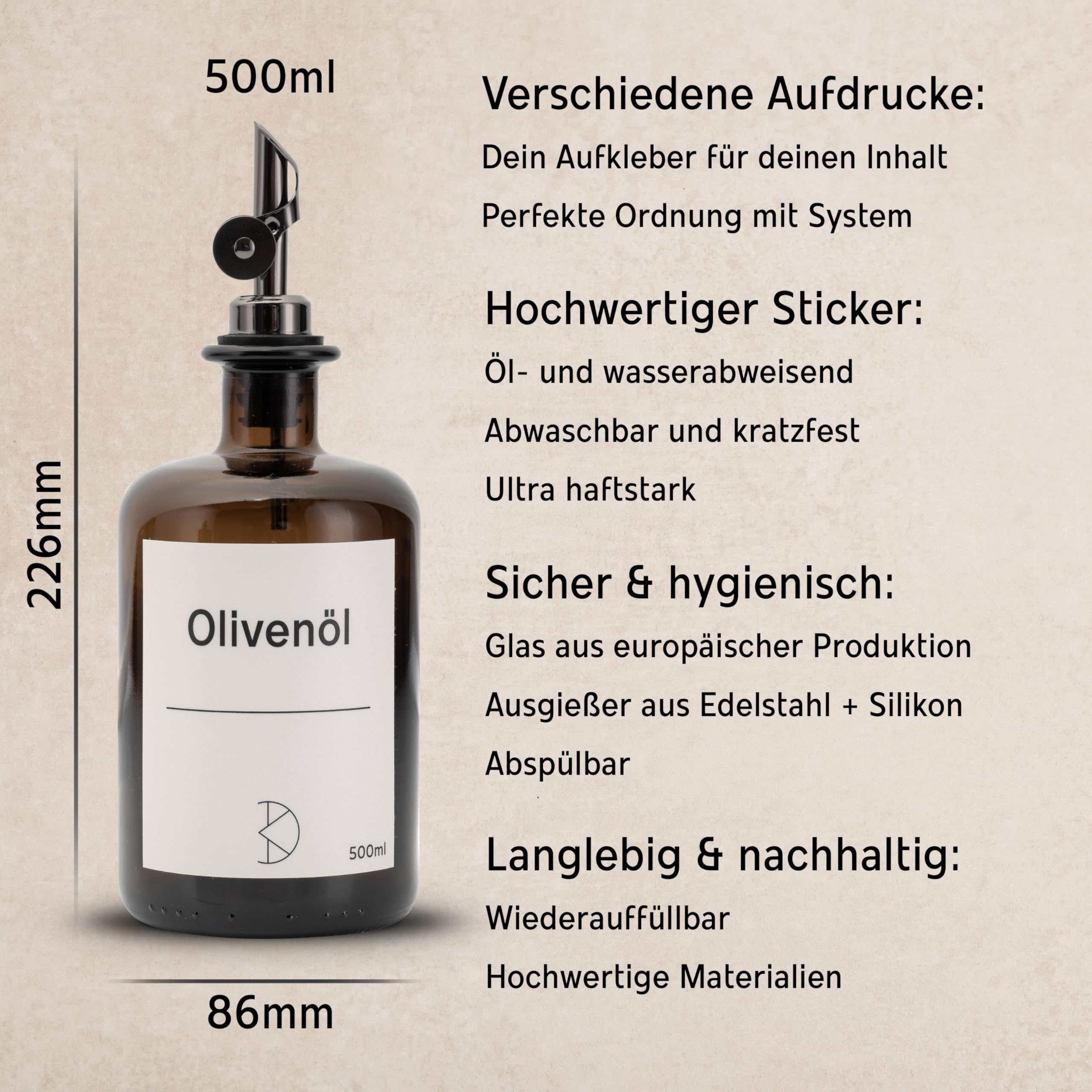3 bottiglie di olio da riempire – Dispenser di olio moderno in vetro marrone con beccuccio in acciaio inox – Dispenser per olio, aceto e balsamico – vari adesivi – 500 ml – con adesivi