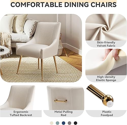 Miniatura 6 de Sillas de comedor modernas, sillas de comedor tapizadas de terciopelo con patas doradas, juego de 2 sillas decorativas copetudas para sala de