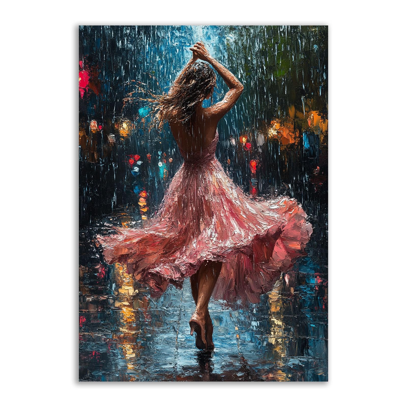 Teruea Girls Pink Posters Paintings For Bedroom Living Room Decor, Beautiful Woman In Dress Dancing In The Rain Canvas Prints Wall Art Pictures Artwork For Bedroom Home Decor(Pink)-40X60cm Unframed