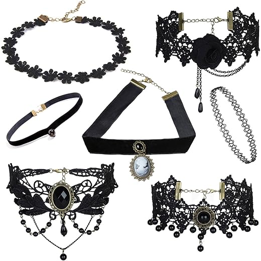 Shining Diva Black Lace Choker Set of 7 Pieces