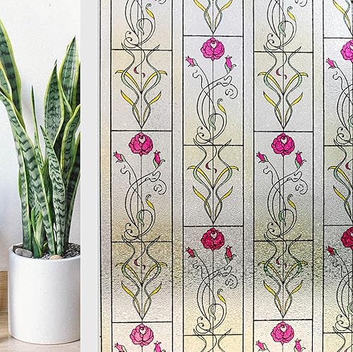 Miniatura 2 de KESPEN WINDOW FILMS Película de privacidad para ventana, vitral, esmerilado, película decorativa para ventana con flor de rosa, adherencia estática,