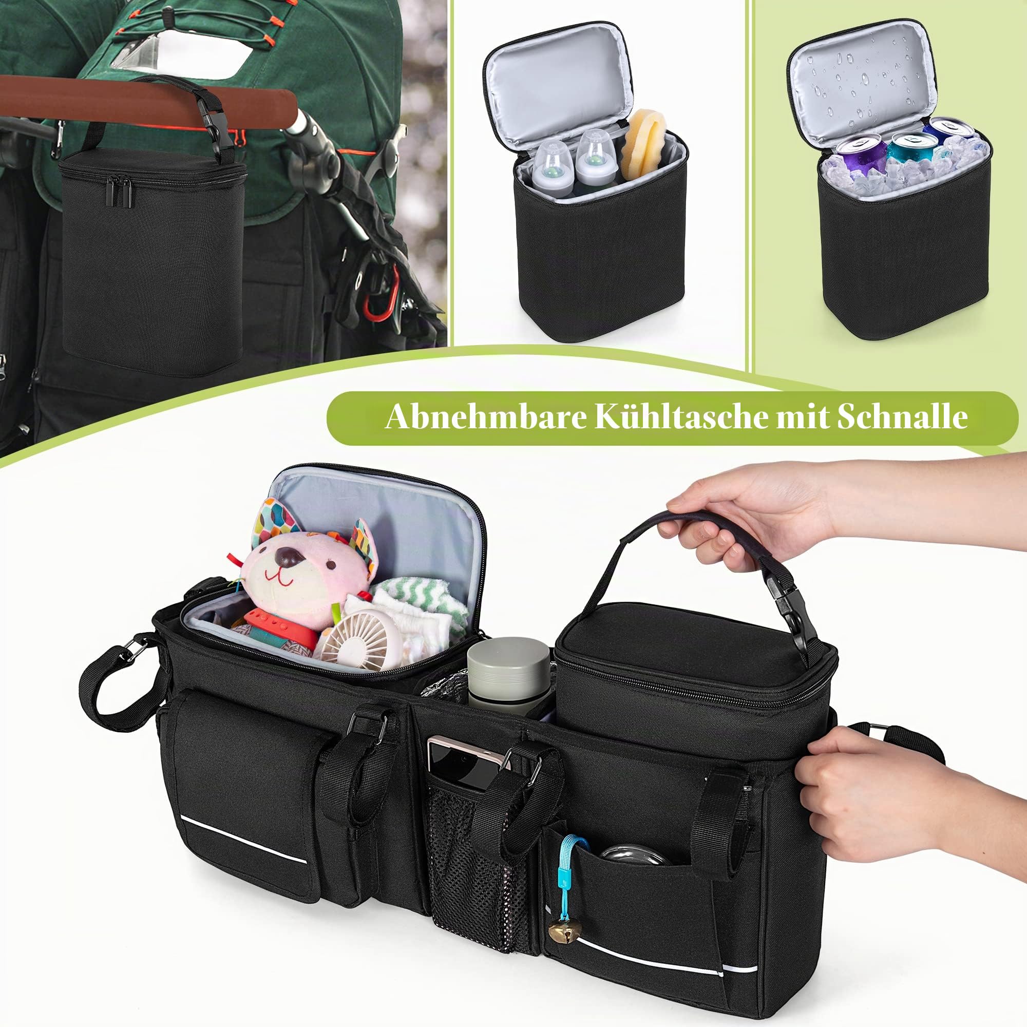 HODRANT Hängender Doppel Kinderwagen Organizer, Kompatibel mit City Mini GT2 Double & Kompatibel mit BOB Duallie Kinderwagen, Kinderwagen Caddy mit abnehmbarer Kühltasche, Nur Tasche