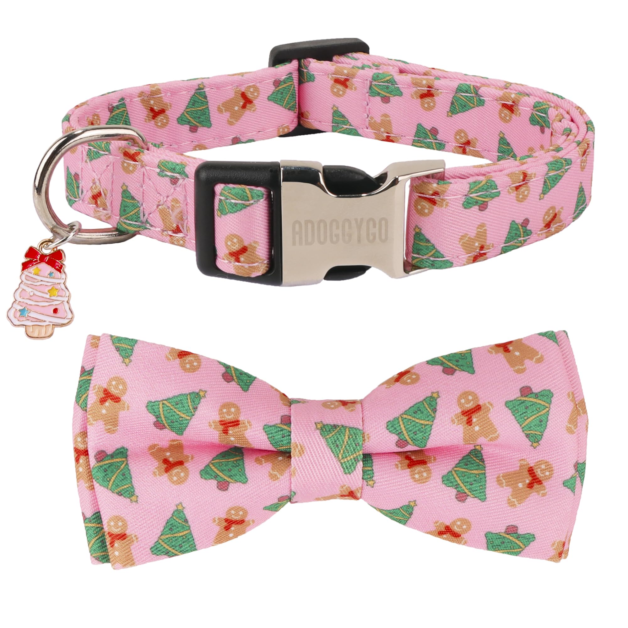ADOGGYGO Christmas Dog Collar with Detachable Bowtie, Adjustable Pink Pet Christmas Collars for Small Medium Large Dogs (Large)