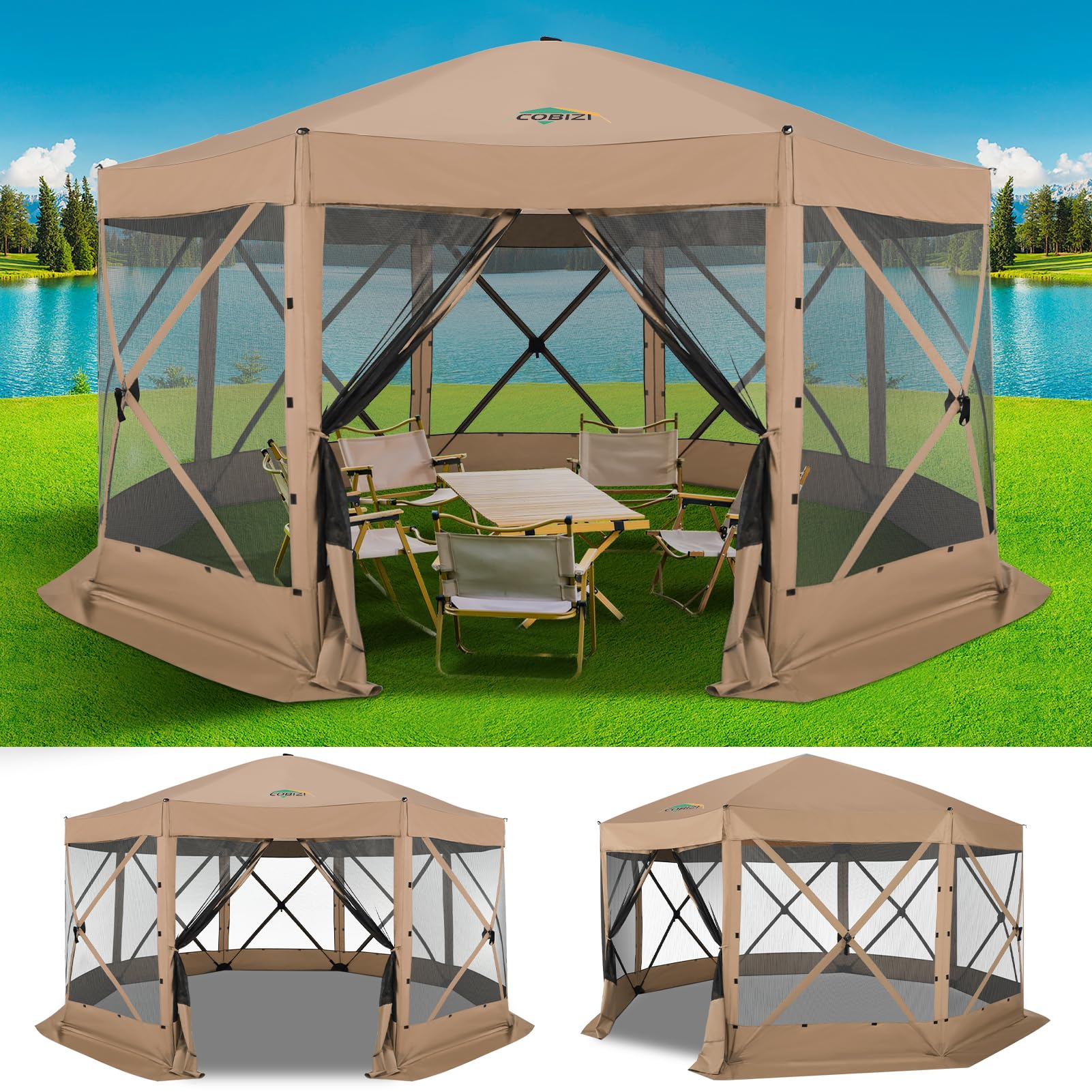 COBIZI 15x15ft Extra Large Pop Up Gazebo Canopy Tent with Mosquito Netting, Spacious Easy Set Up Screened Shelter, Durable Outdoor Pavilion with Ground Stakes, Perfect for Patio, Backyard,Khaki