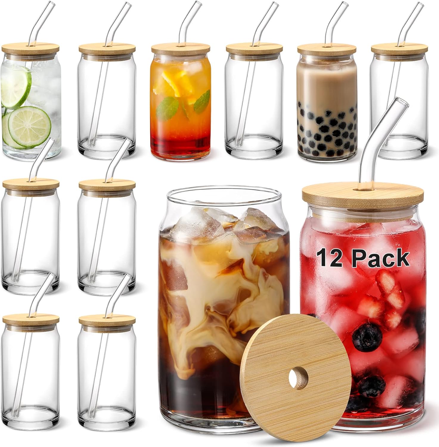 [ 12pcs Set ] Glass Cups with Bamboo Lids and Glass Straw