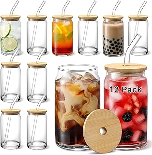 [ 12pcs Set ] Glass Cups with Bamboo Lids and Glass Straw - Beer Can Shaped Drinking Glasses, 16 oz Iced Coffee Glasses, C...