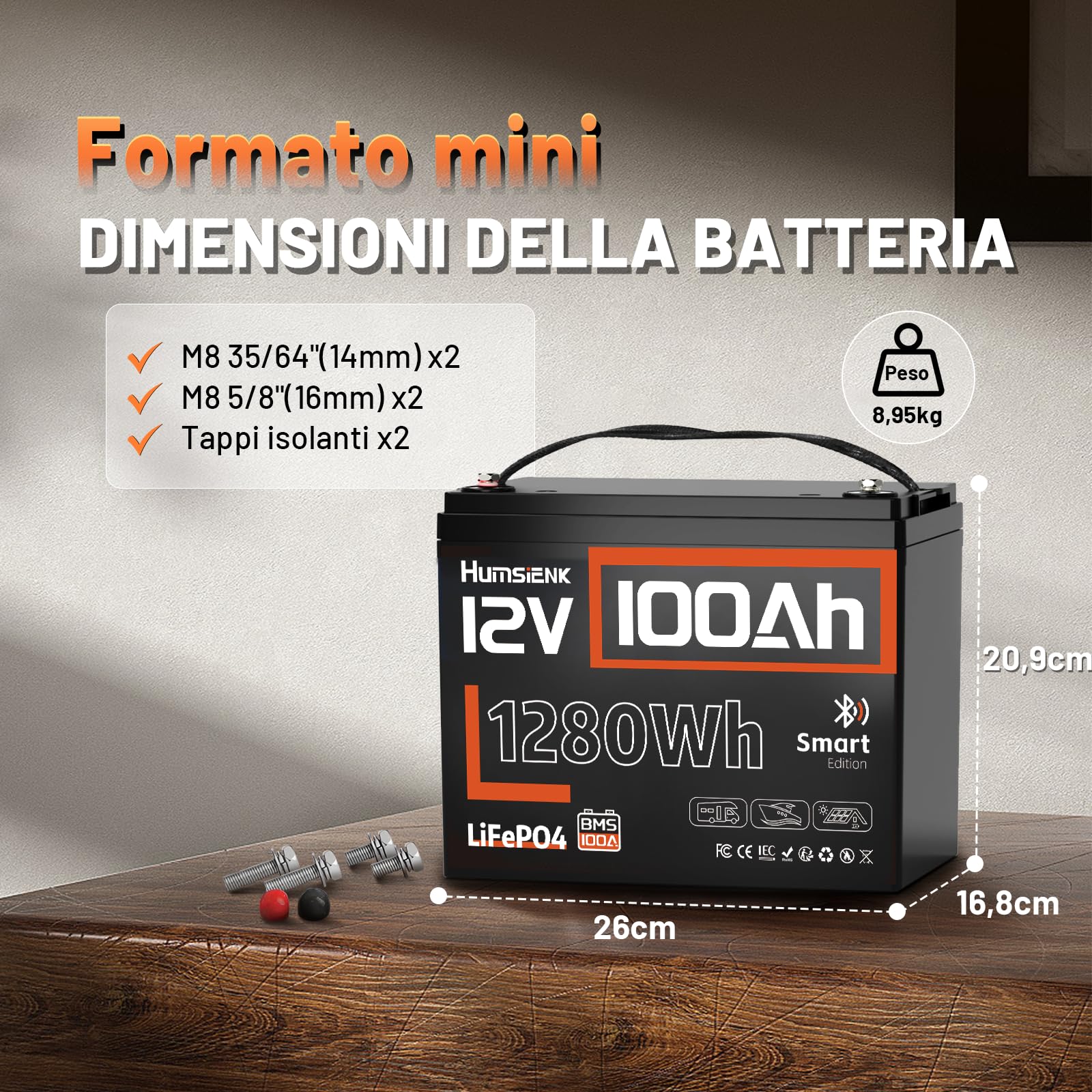 Humsienk Batteria al Litio 12V 100Ah LiFePO4 con Bluetooth, BMS 100A Integrato e Protezione a Bassa Temperatura, 15.000+ Cicli Profondi, 1280Wh Energia per Camper, Barca, Sistemi solare, Off-Grid