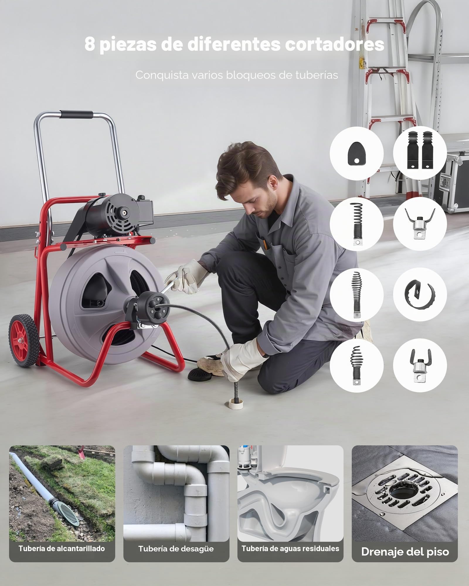 VEVOR Desatascador de Desagües Eléctrico 30 m x 13 mm, Máquina de Limpieza de Tuberías con Alimentación Automática, Tambor de Plástico, Limpiador de Tubos de Drenaje para Tuberías de 5-10 cm