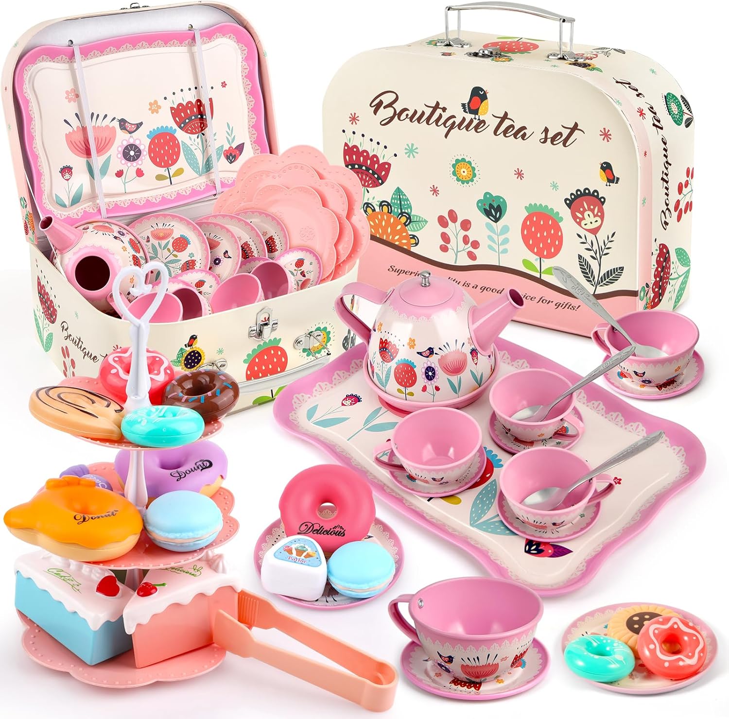 Tea Party Set for Little Girls, Flower Tea Sets Toys for Toddlers Girls Age 3 4 5 6 Year Old, Toddler Kids Kitchen Pretend Play Toys