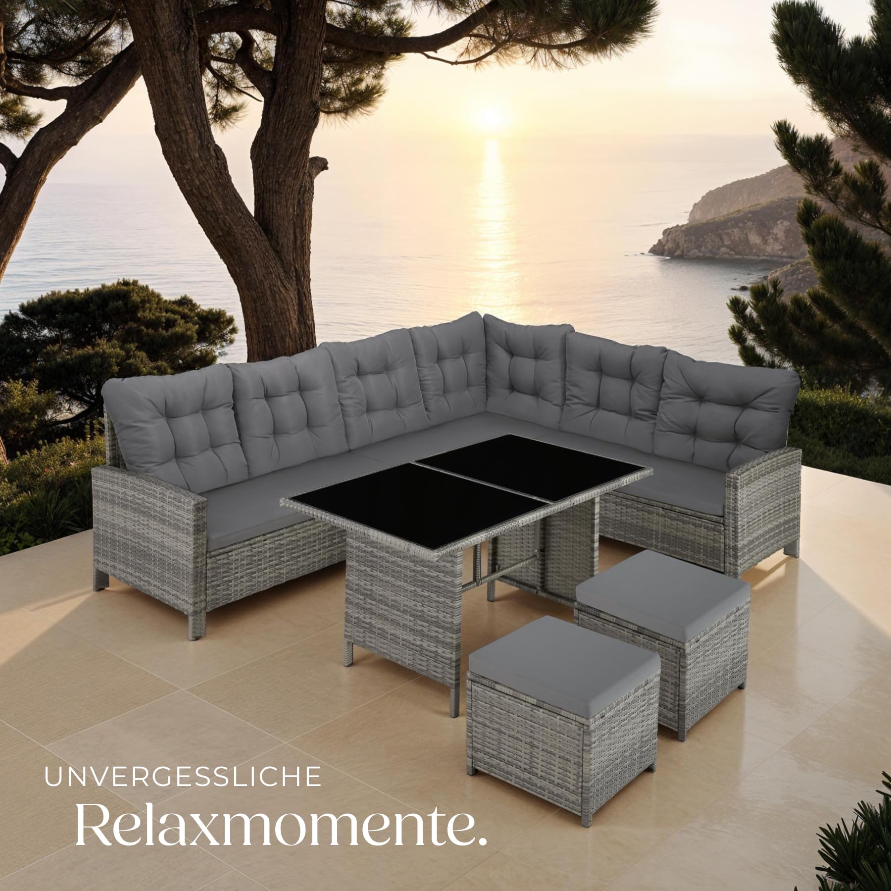tectake® Polyrattan Lounge Set, Gartenmöbel Set mit Sofa, Hocker + Tisch, Balkon Möbel Outdoor, 5-teilige Sitzgruppe, inkl. Sitz- & Rückenkissen, ideal für Garten, Terrasse, Balkon - grau-meliert/grau