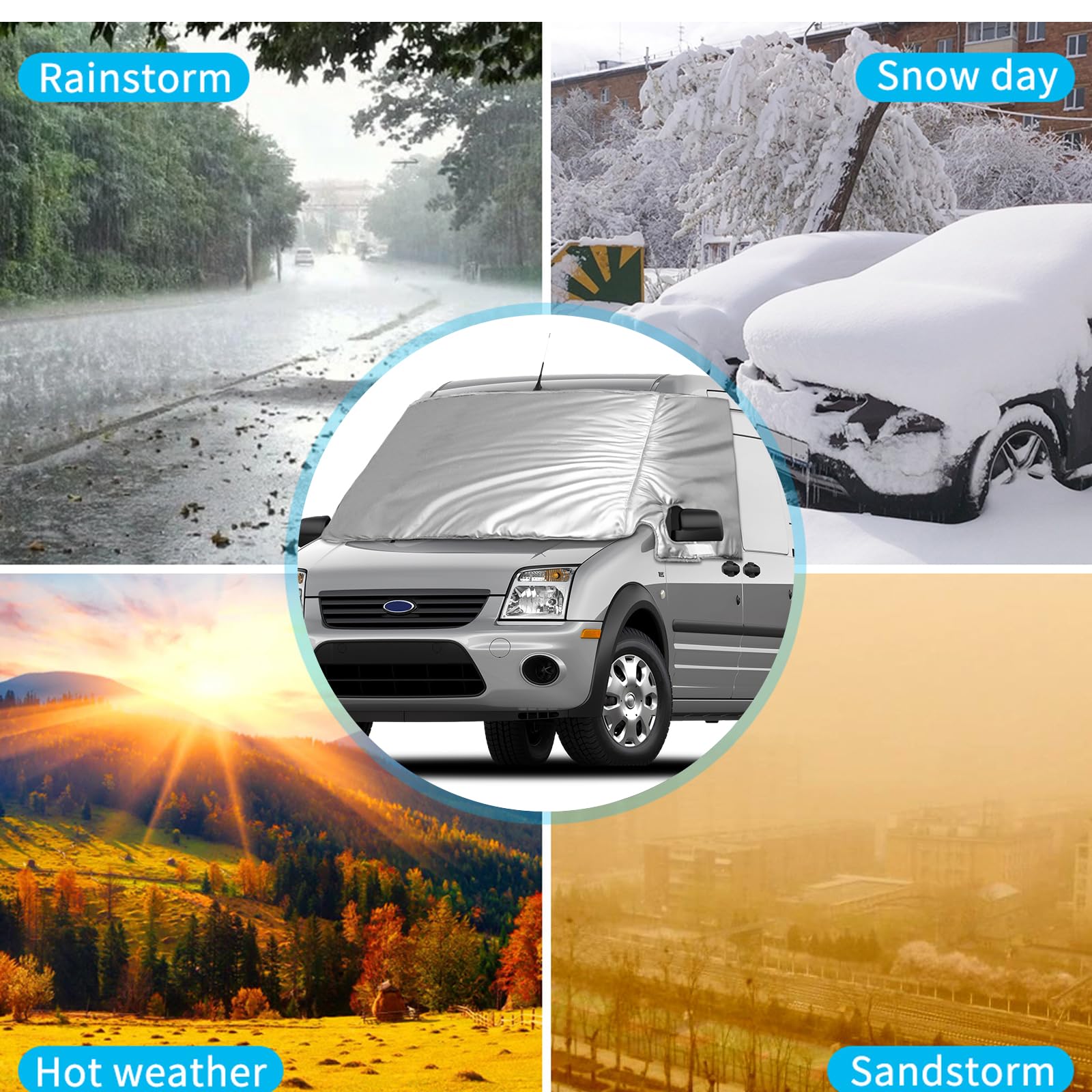 Osłona przedniej szyby, kompatybilna z Ford Transit Connect 2012-2021, luksusowa, ulepszona, srebrna, osłona przeciwsłoneczna na przednią szybę, 100% zaciemnienie, blokada UV, odporna na warunki