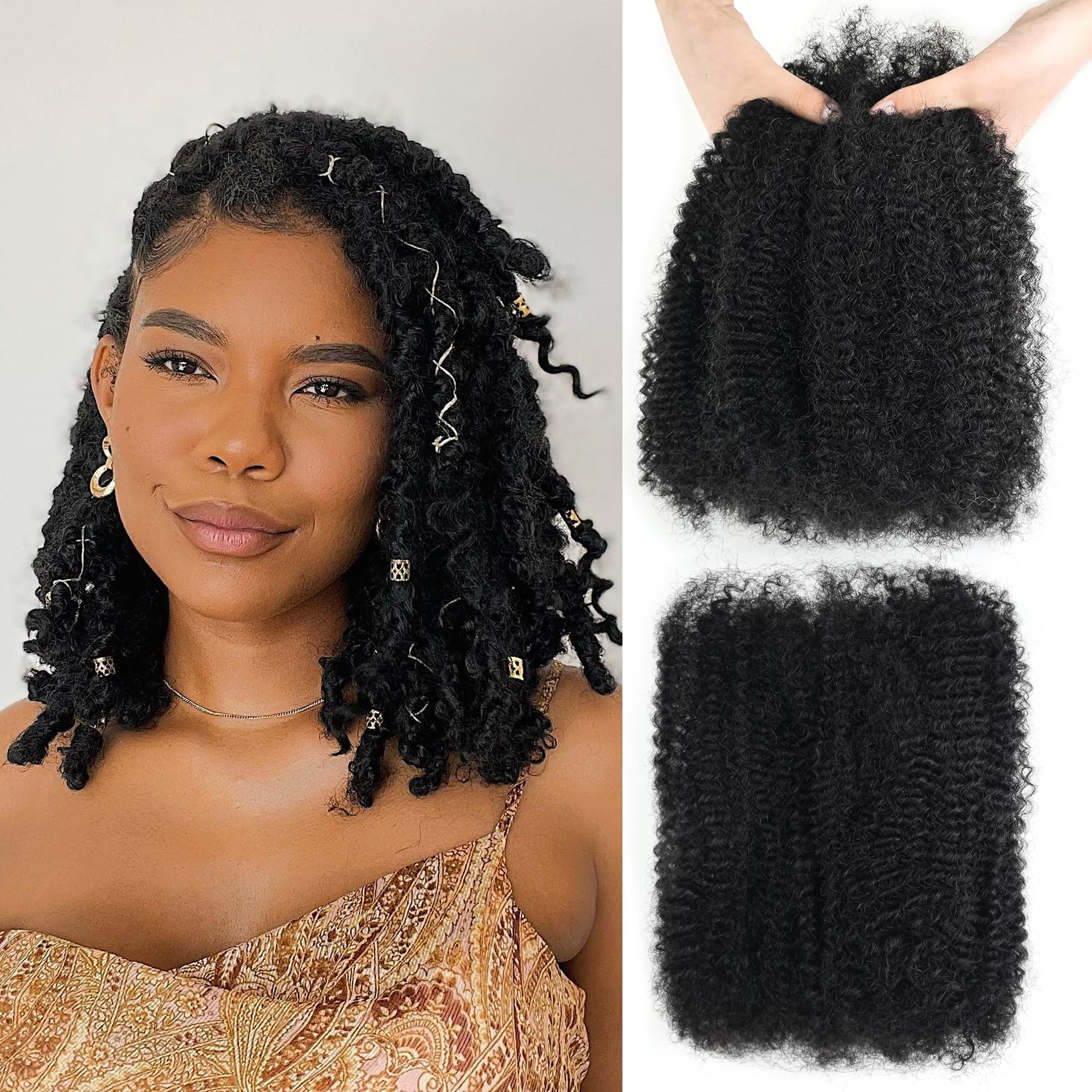 Afro Kinky-Curly Human Hair Bulk for Twist 12 Inch Natural Black Afro Kinkys Bulk Human Hair for Repair Locs,Dreadlock Extension