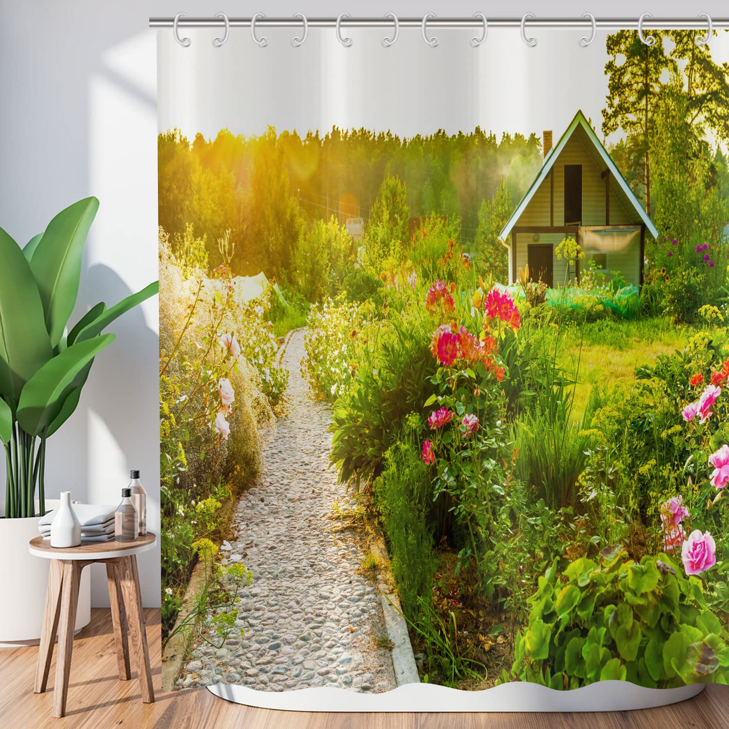 Garden Shower Curtain 180x200, Hnmdmyi Green Shower Curtains 3D Outdoor Scenery Picture Nature Green Leaf Floral Woodland Bathroom Curtains with Hooks Waterproof Polyester Fabric Washable Bath Curtain