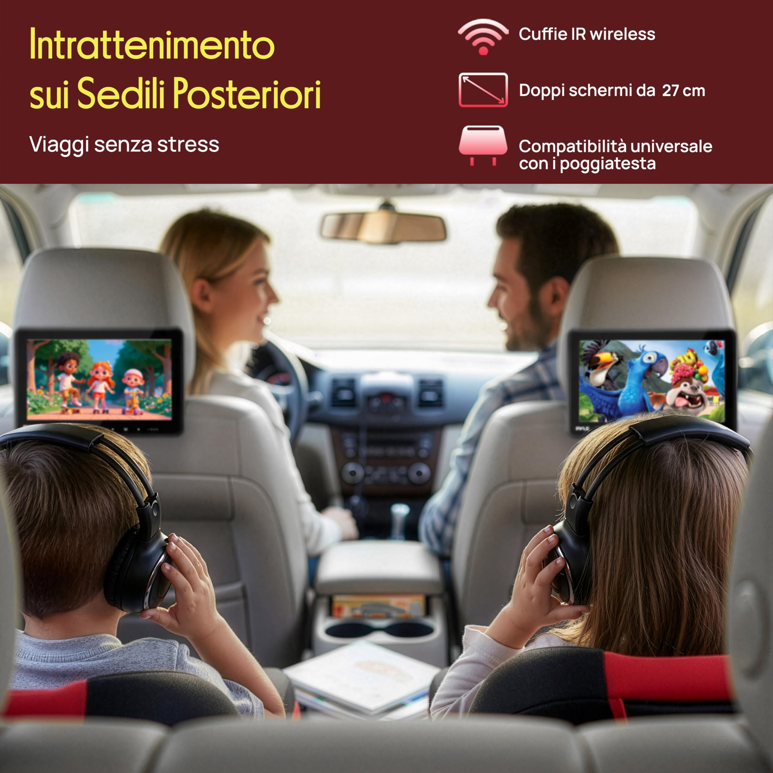 Pyle Schermo per Auto, per Poggiatesta Auto 26,7 cm con Lettore DVD Integrati, Trasmettitore IR/FM, HDMI, USB/SD, 2 Cuffie Wireless, Sistema Intrattenimento Sedile Posteriore Auto