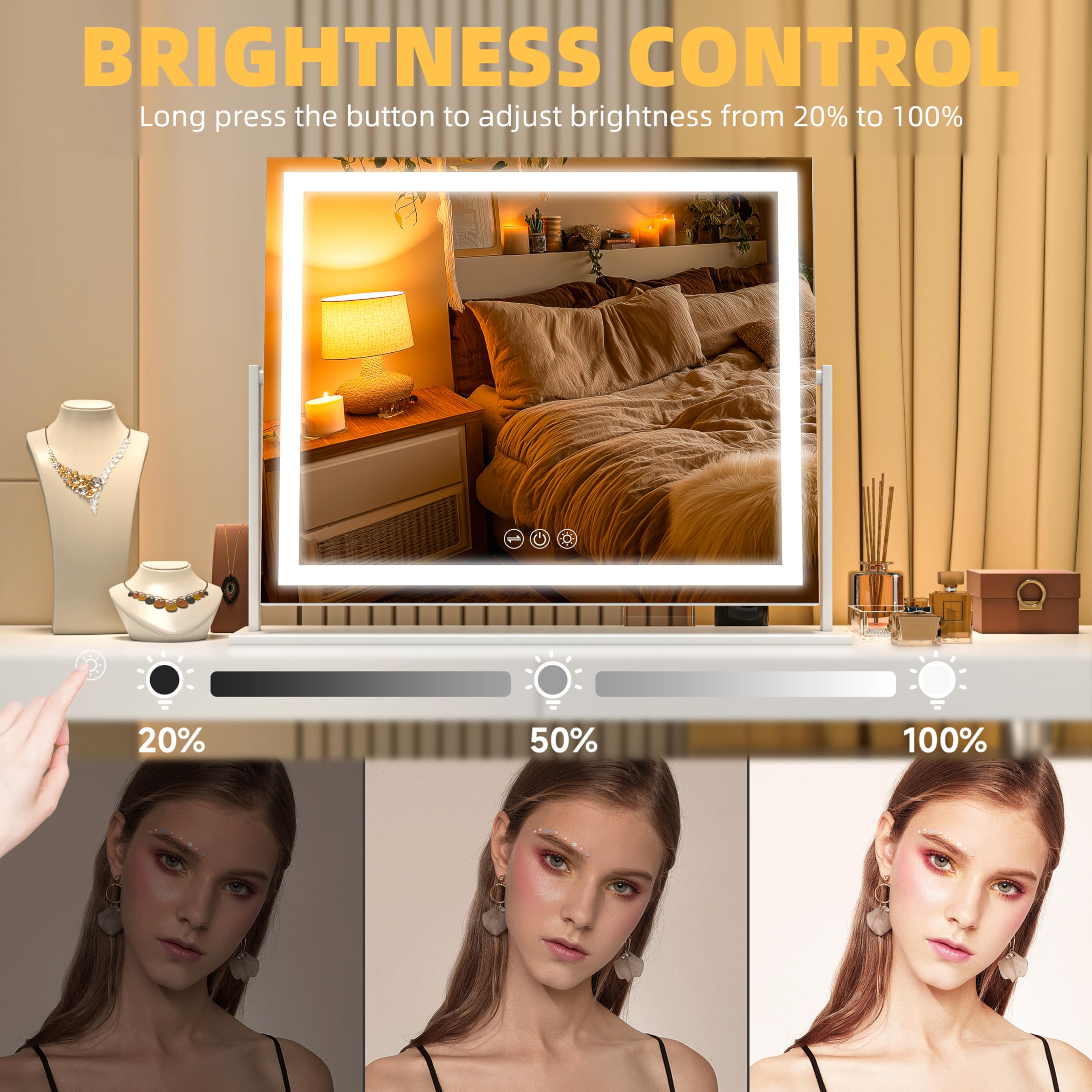 Kosmetikspiegel mit Lichtern, 55 x 45 cm LED Schminkspiegel mit 10x Vergrößerung und 3 Farbtemperaturen, Touch Control Tischspiegel, 360° Drehung, Make-up Spiegel Weiß