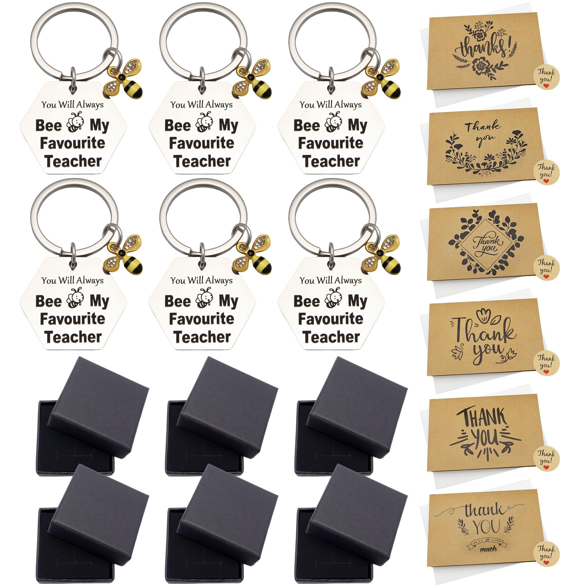 Sundonix Thank You Leaving Teacher Gift - 6 Pack Thankyou Teacher Appreciation Leavers Presents Ideas Cards Envelopes Stainless Inspirational Keyring for Graduation Christmas Xmas