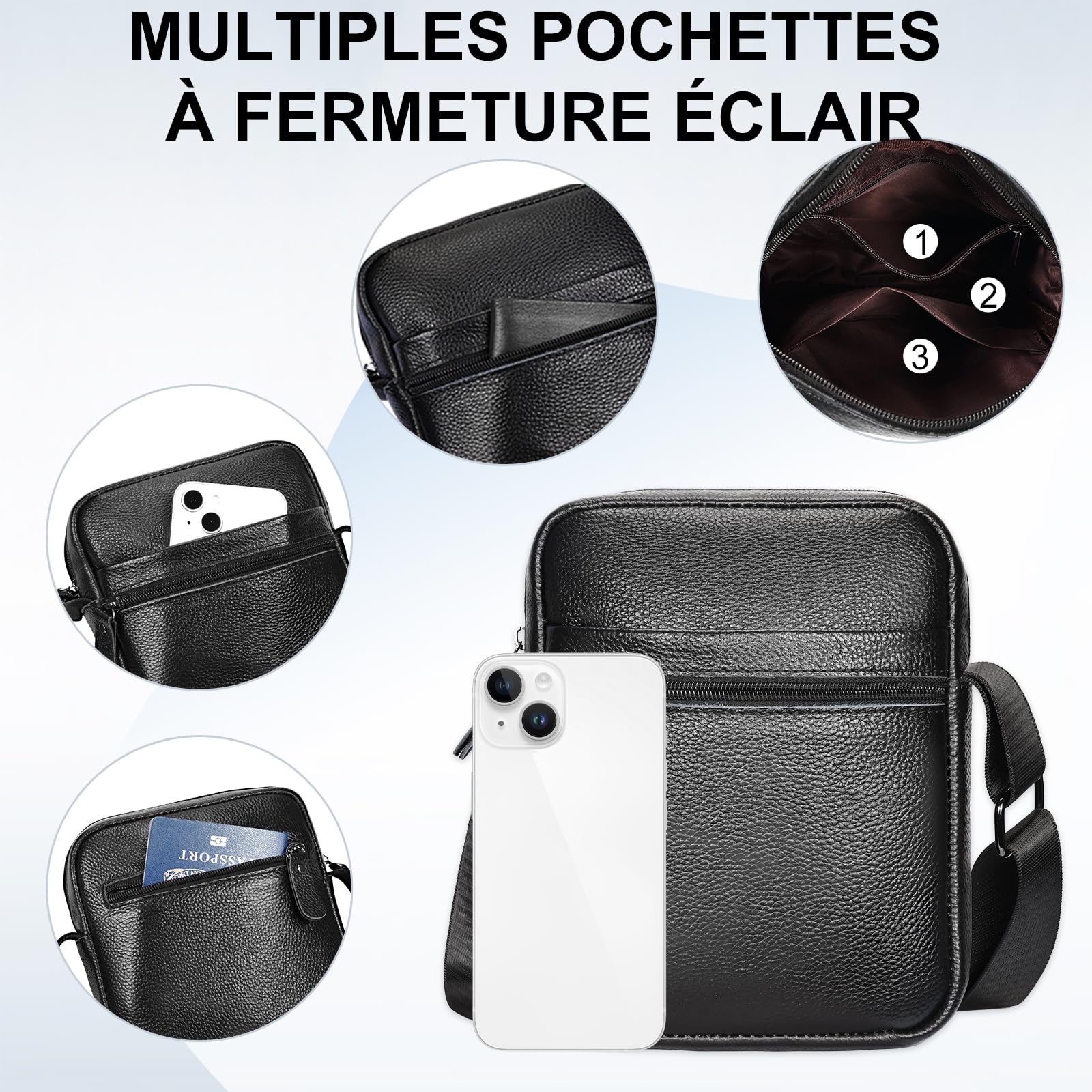 Leathario Sac à Bandoulière en Cuir Véritable pour Hommes Sac Pochettes décontractées pour les Voyages d'affaires Shopping Usage Quotidien Grande Capacité À la Mode Noir