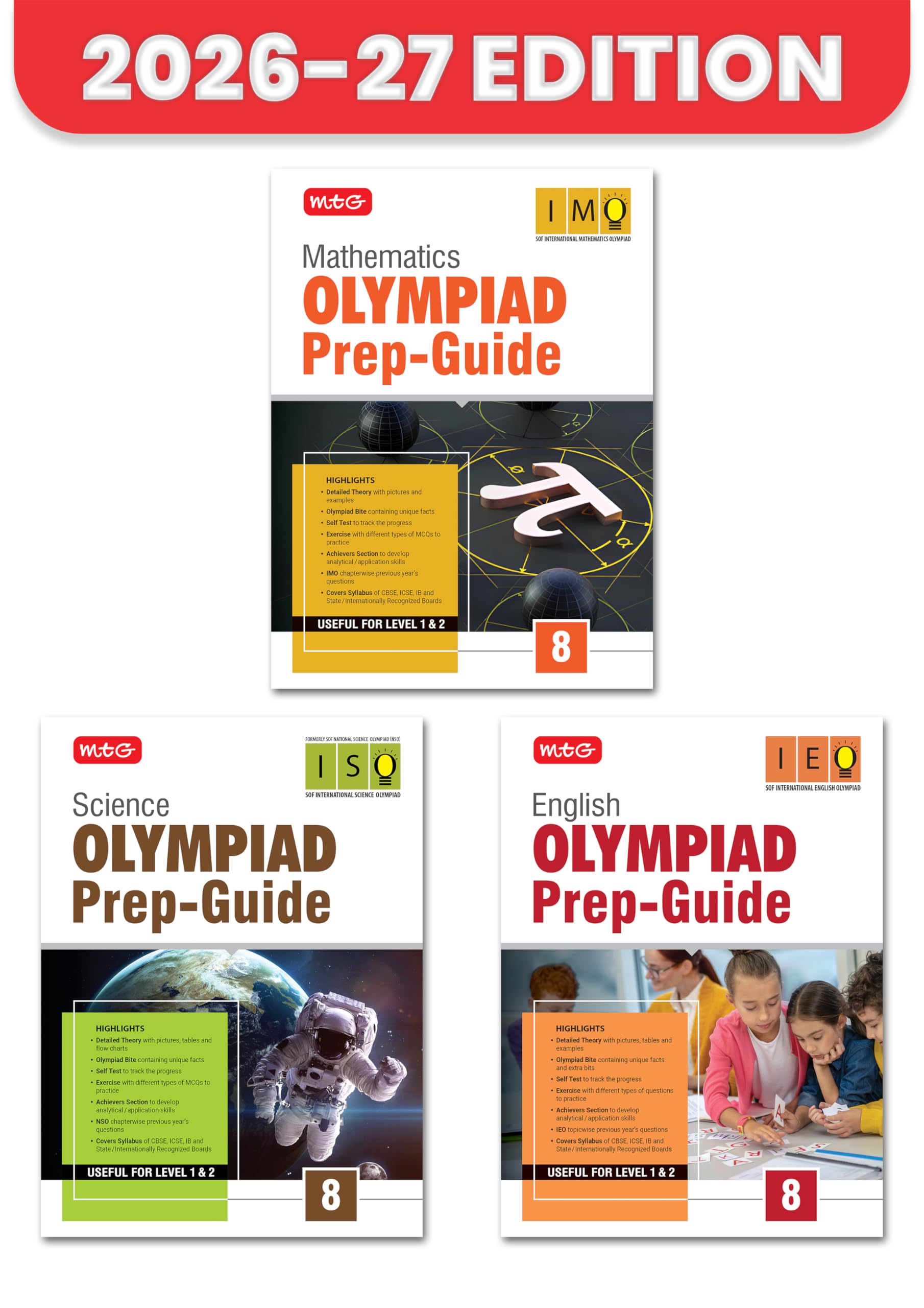 MTG Olympiad Prep Guide Class 8 Mathematics, Science & English (IMO-ISO-IEO) | Detailed Theory, Exercise with Self Test For Practice | SOF Olympiad Books For Exam 2026-27 (Set of 3 Books)