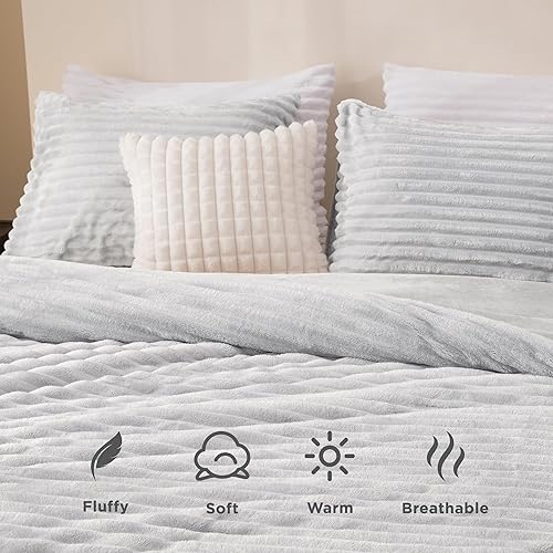 Miniatura 3 de Andency Juego de edredón tamaño King, juego de edredón suave y esponjoso de color gris claro, juego de ropa de cama de forro polar cálido para
